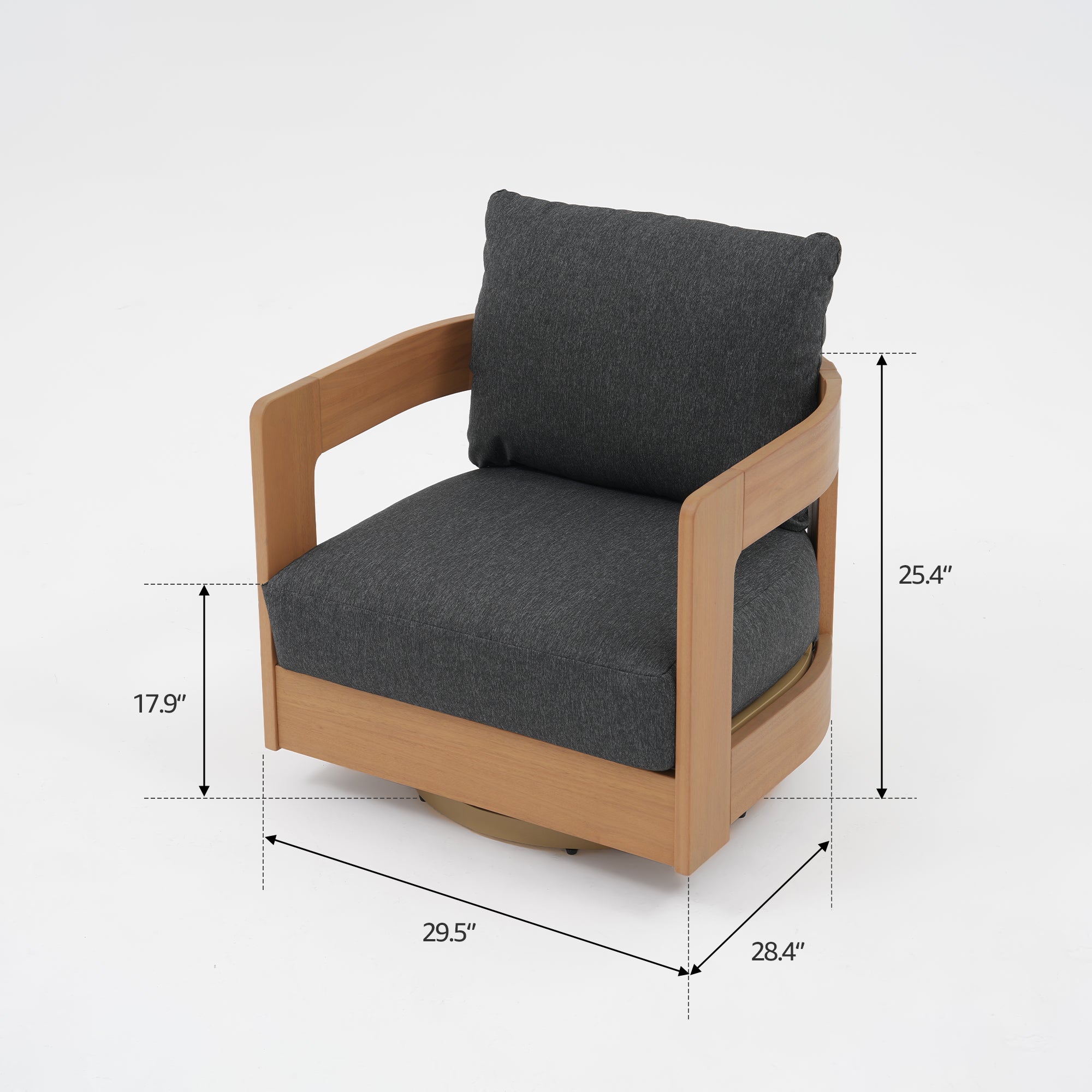 Chair with gray cushion and wooden frame, showing dimensions