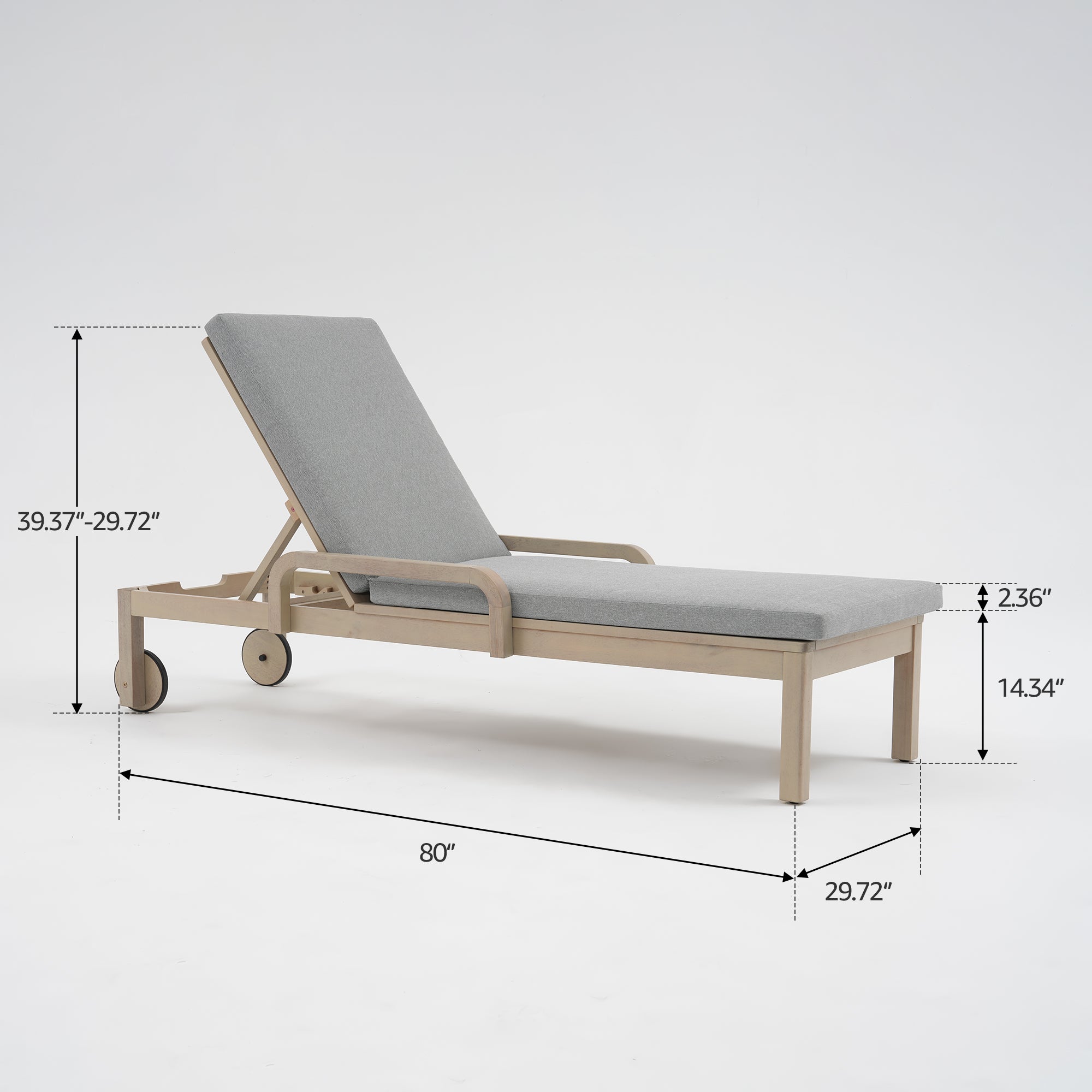 Thalea Wooden Outdoor Lounger with Wheels, Adjustable Backrest & Grey Cushion