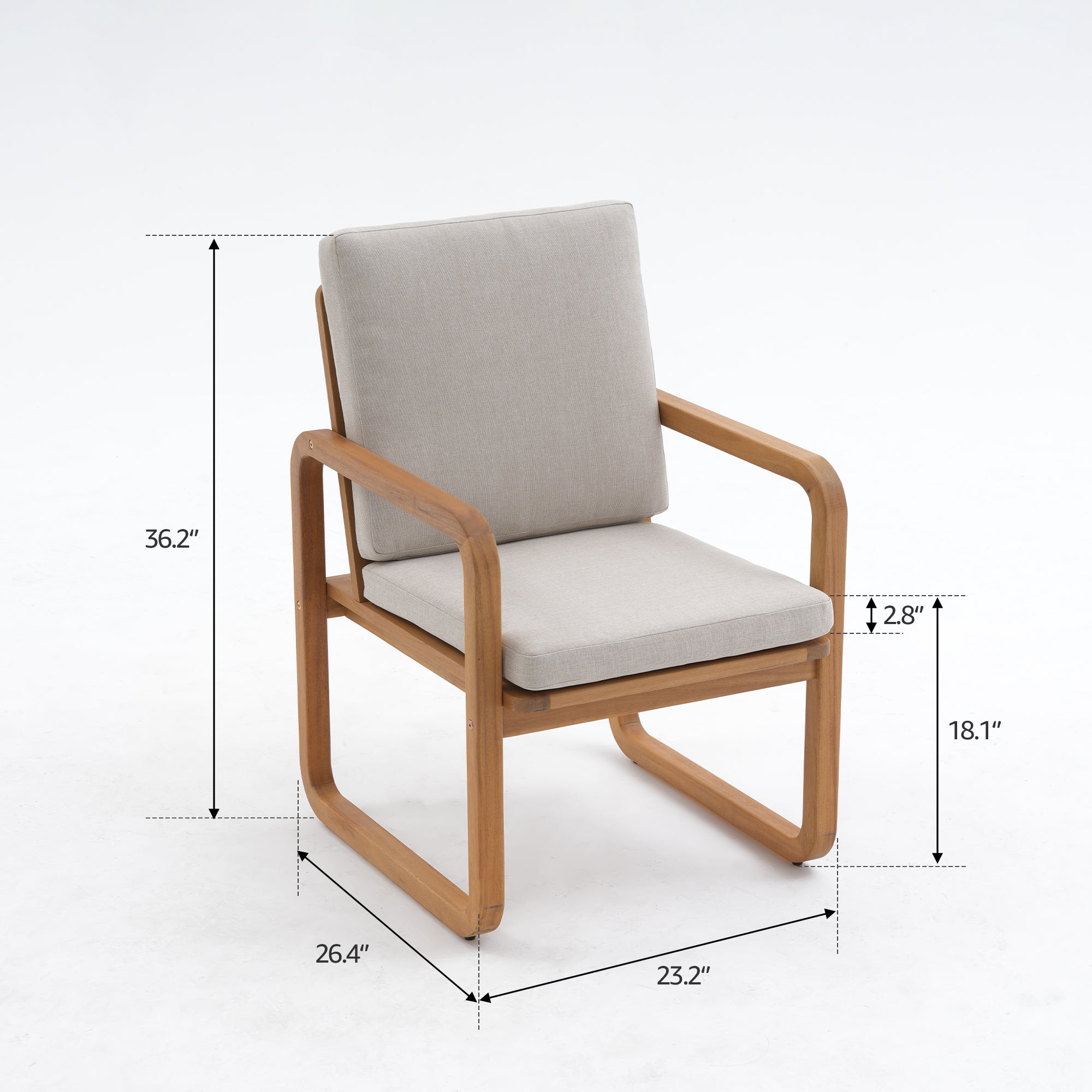 Chair with gray cushion and wooden frame, shown with dimensions