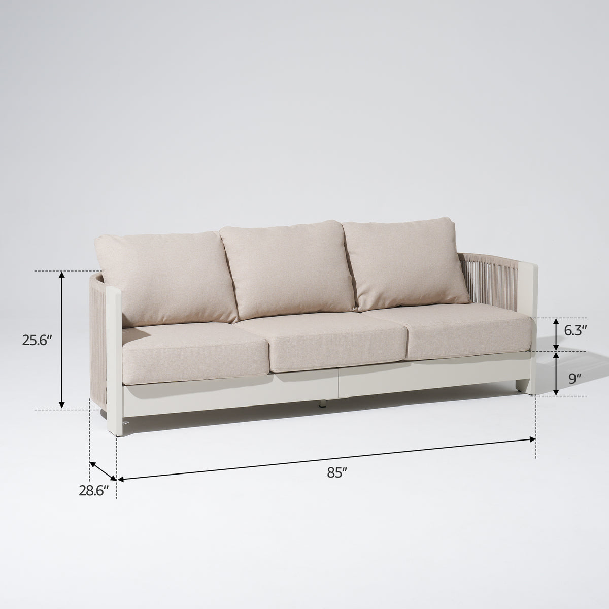 Irati 3-seater Outdoor Sofa, Modern Rope Design, Aluminum Frame, Thick Cushions, Oyster White