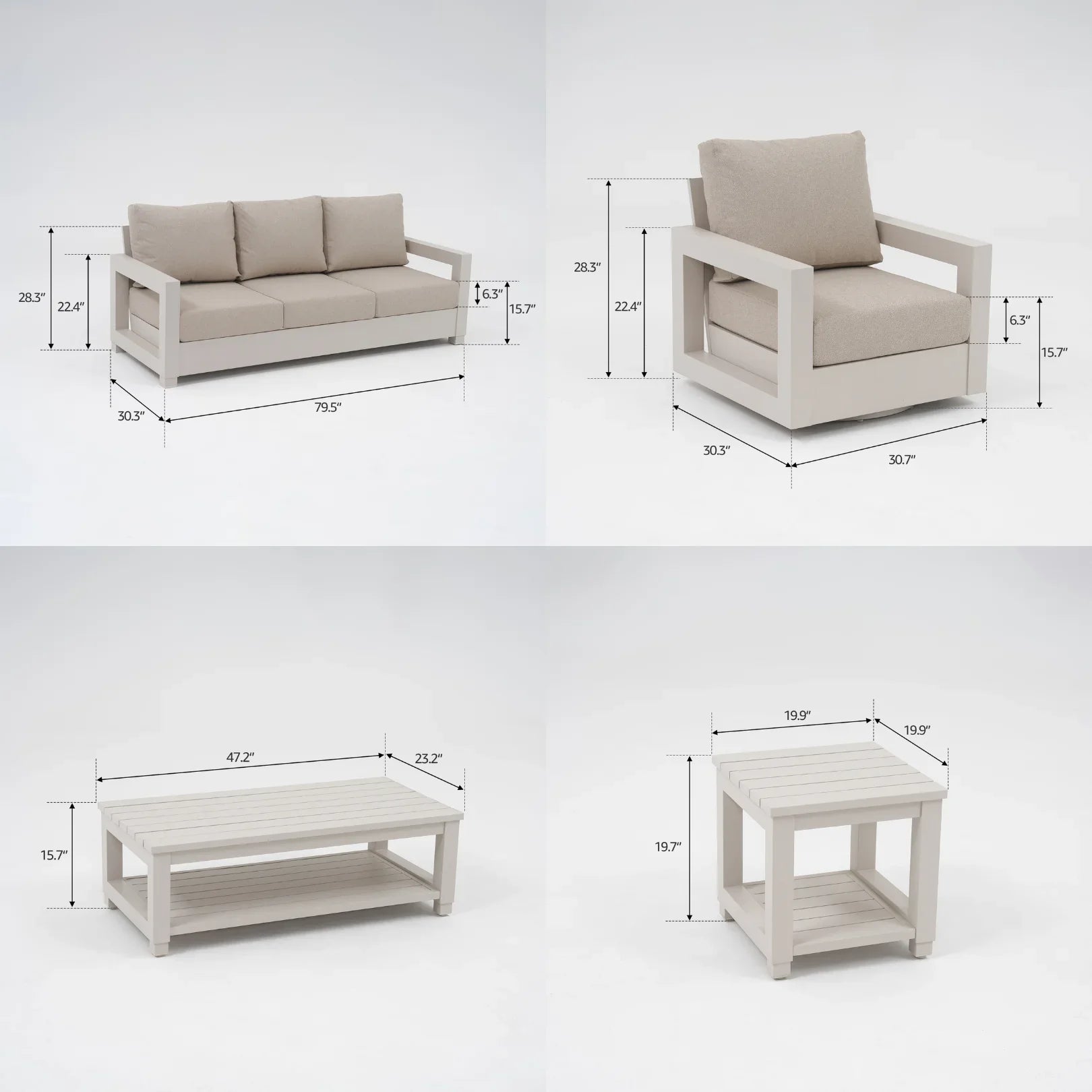 Vela Aluminum White Outdoor Sofa Set, Swivel Lounge Chair, Olefin White Cushions, Mixed Tables