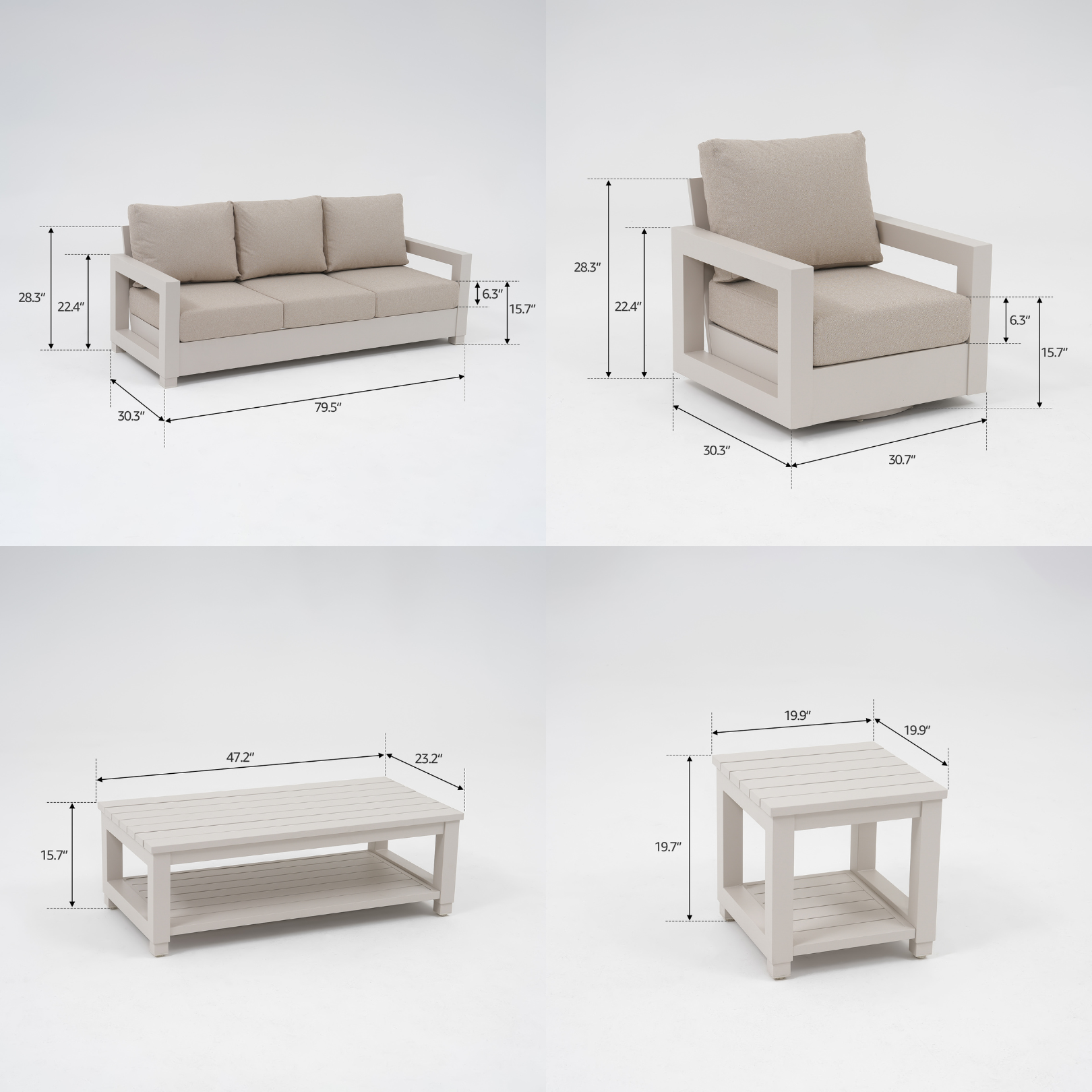 Vela Aluminum White Outdoor Sofa Set, Swivel Lounge Chair, Olefin White Cushions, Mixed Tables