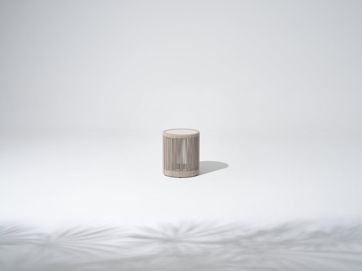 Irati Outdoor Side Table, Rope Design, Aluminum Frame, Weather-Resistant Patio End Table, Oyster White