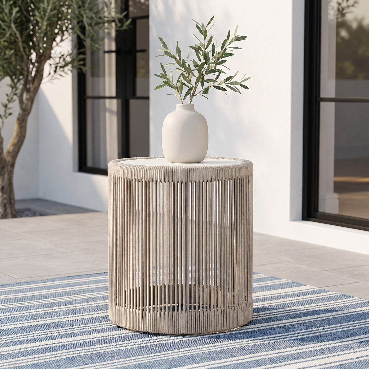 Irati Outdoor Side Table, Rope Design, Aluminum Frame, Weather-Resistant Patio End Table, Oyster White