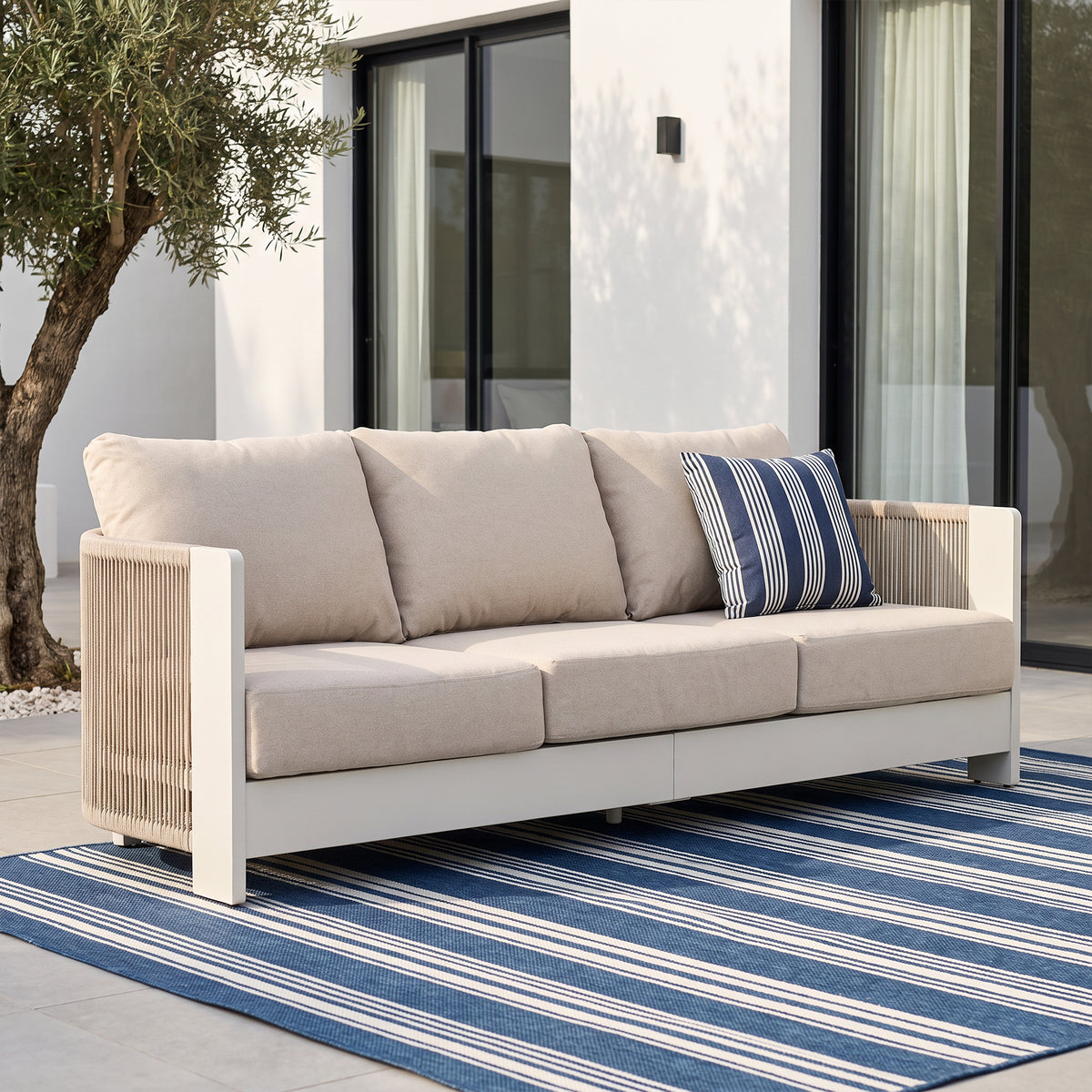 Irati 3-seater Outdoor Sofa, Modern Rope Design, Aluminum Frame, Thick Cushions, Oyster White