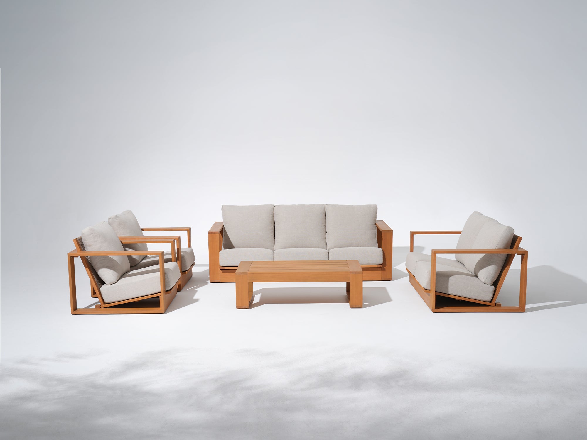 5-pc Modern outdoor furniture oconversation set with Eucalyptus wooden frames and beige cushions - Jardina Modern Premium Outdoor Patio Furniture Set
