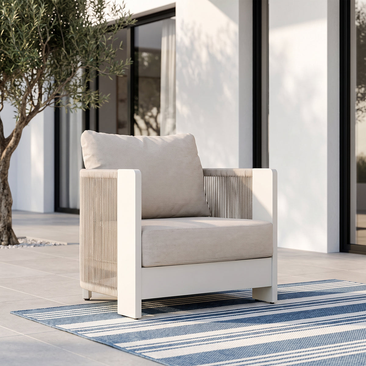 Irati Aluminum Outdoor Lounge Chair, Hand-Woven Rope Arm, Olefin Cushions, Oyster White