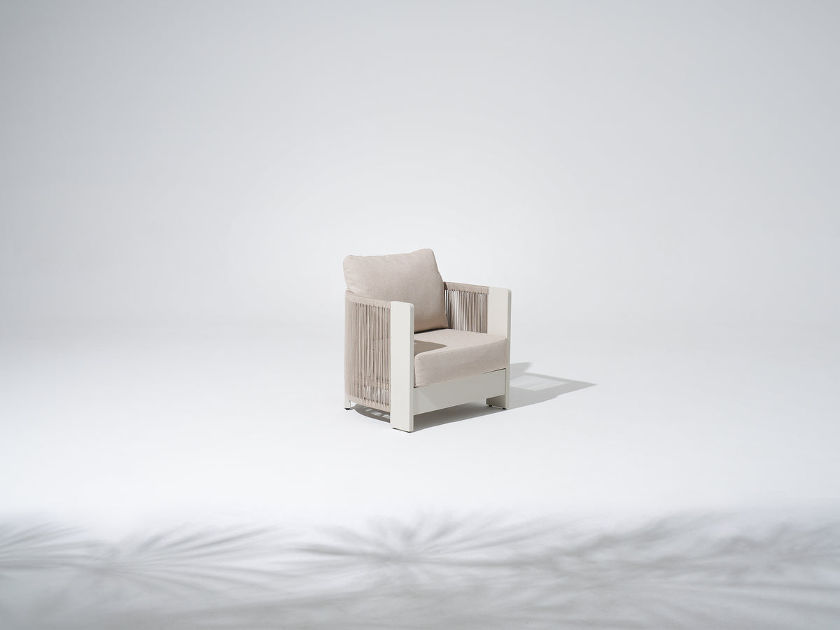 Irati Aluminum Outdoor Lounge Chair, Hand-Woven Rope Arm, Olefin Cushions, Oyster White