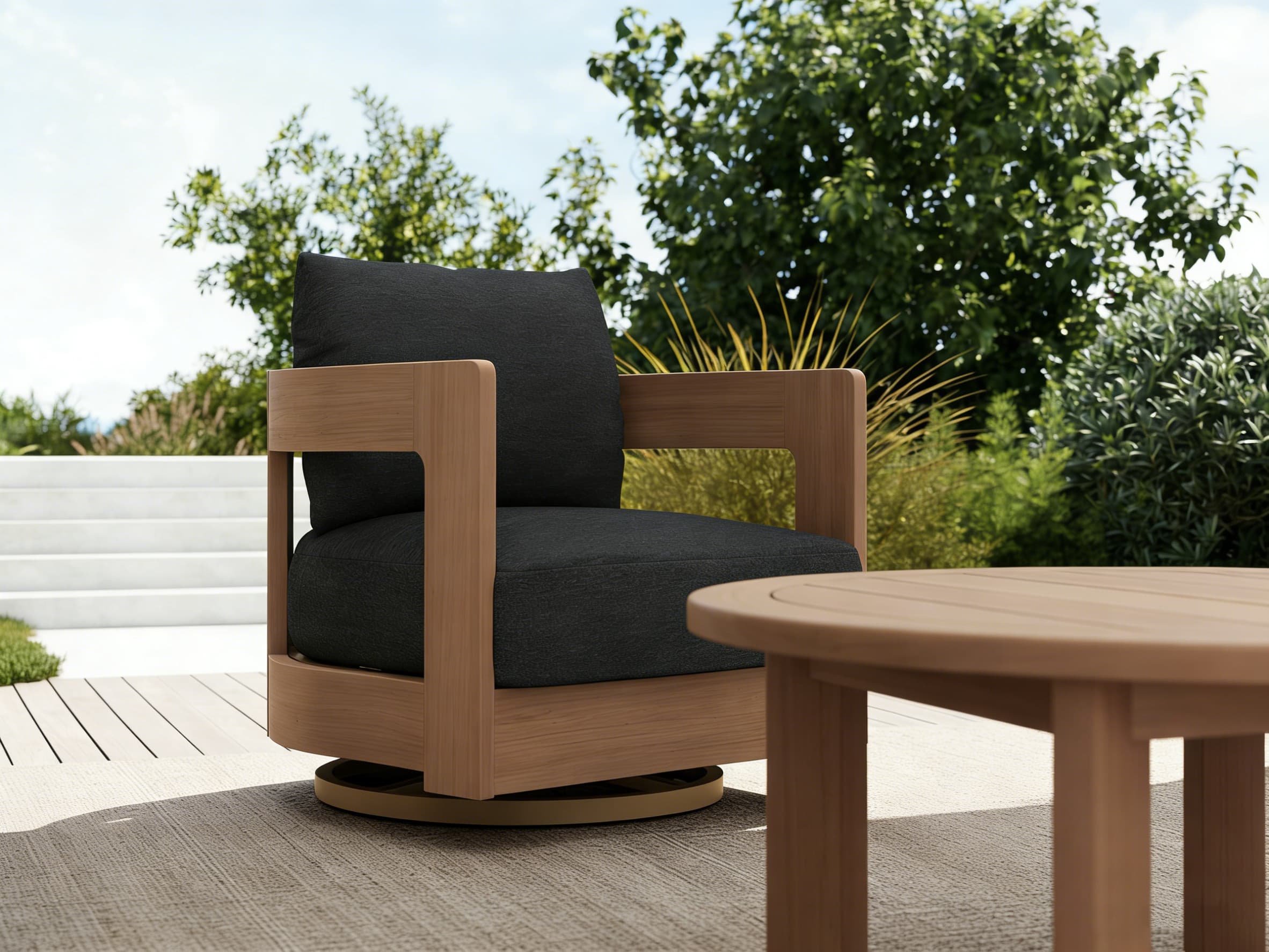 Sova Wood Outdoor Sofa Set with Swivel Chairs & Two Tables,Eucalyptus wood, Black Cushions