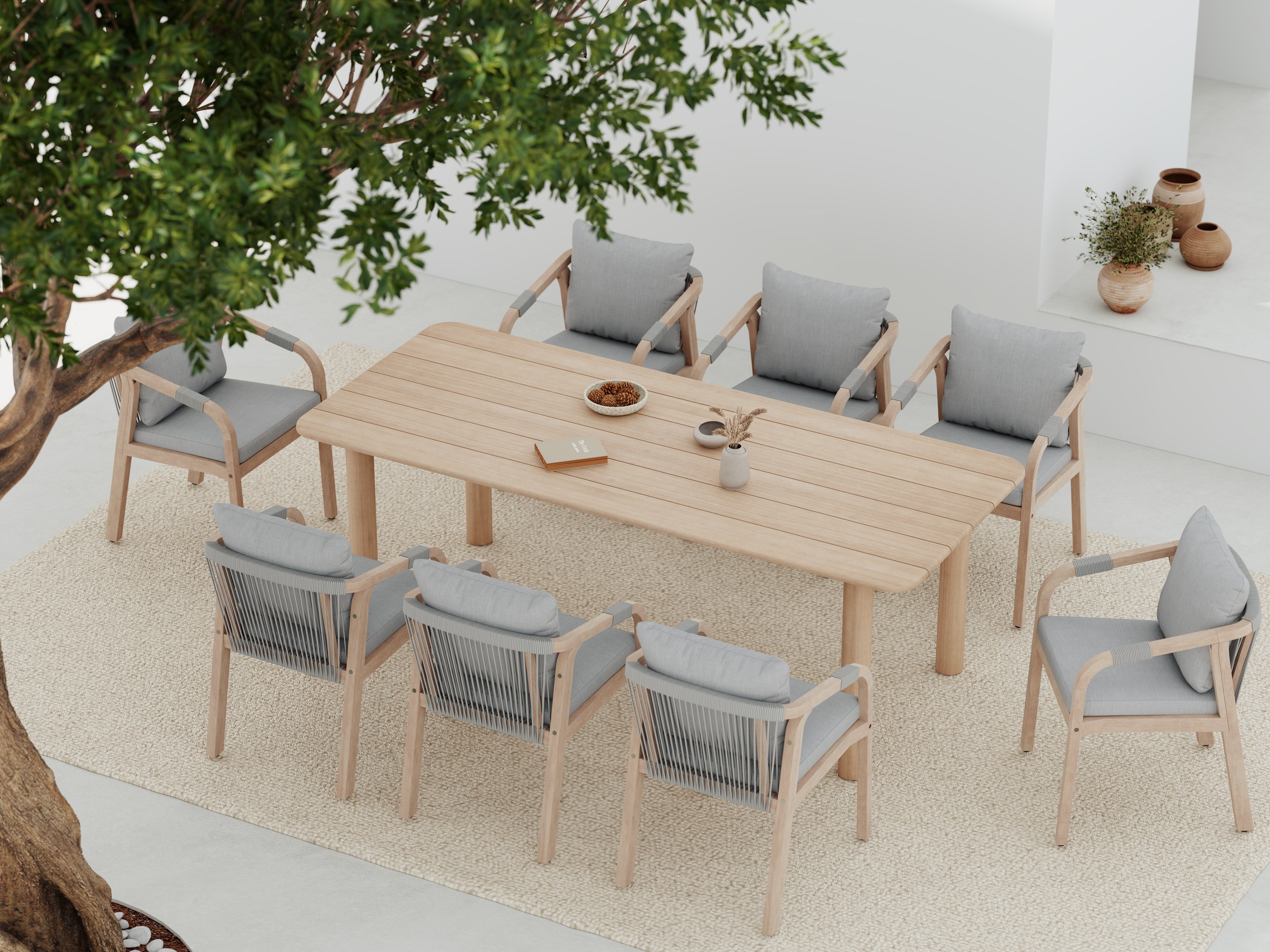 Outdoor dining set for 8 with a acacia wooden table and chairs with gray cushions- Jardina Premium Modern Outdoor Dining Furniture