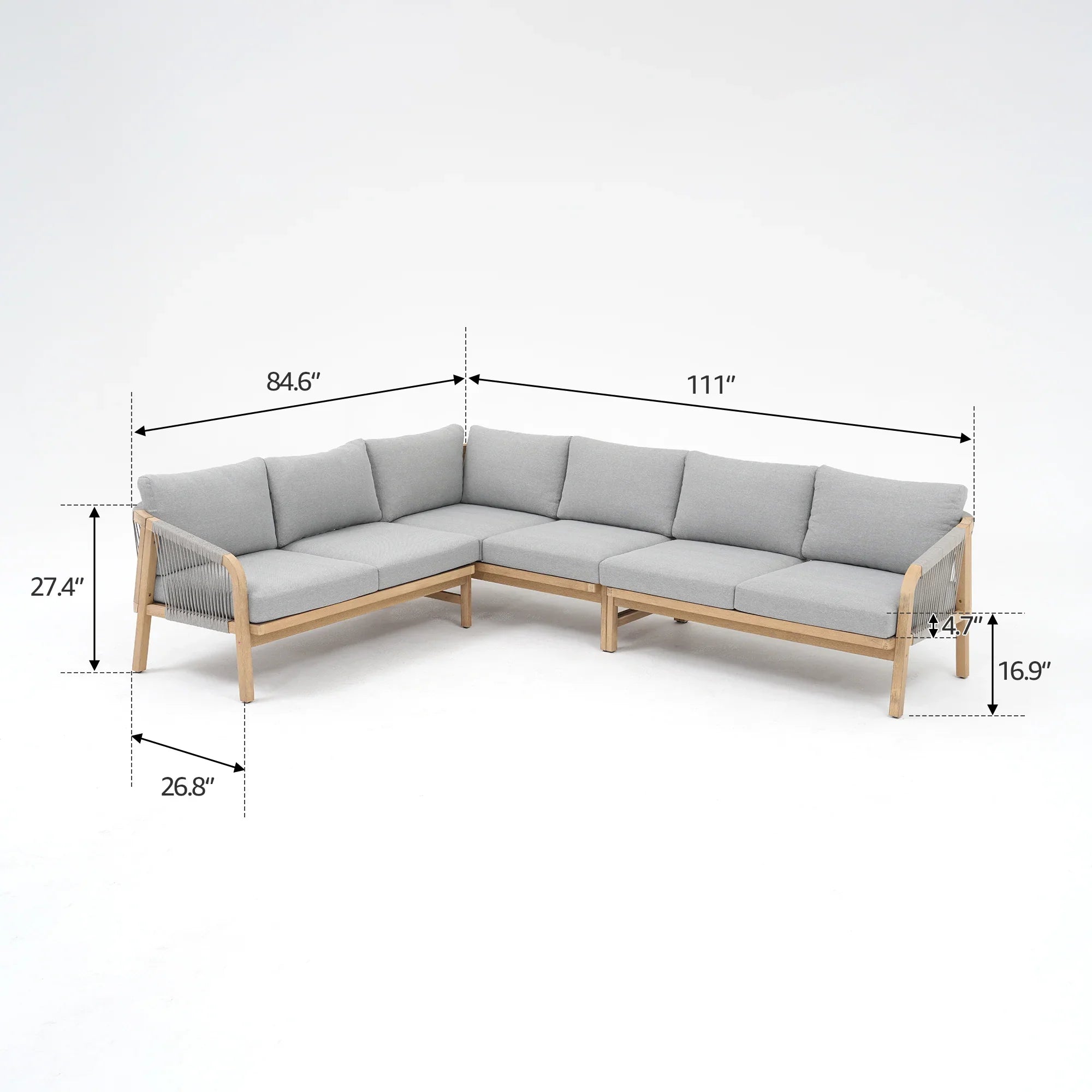 Thalea Textured Wooden L-shaped Sectional Set with Fire Pit, Rope Design