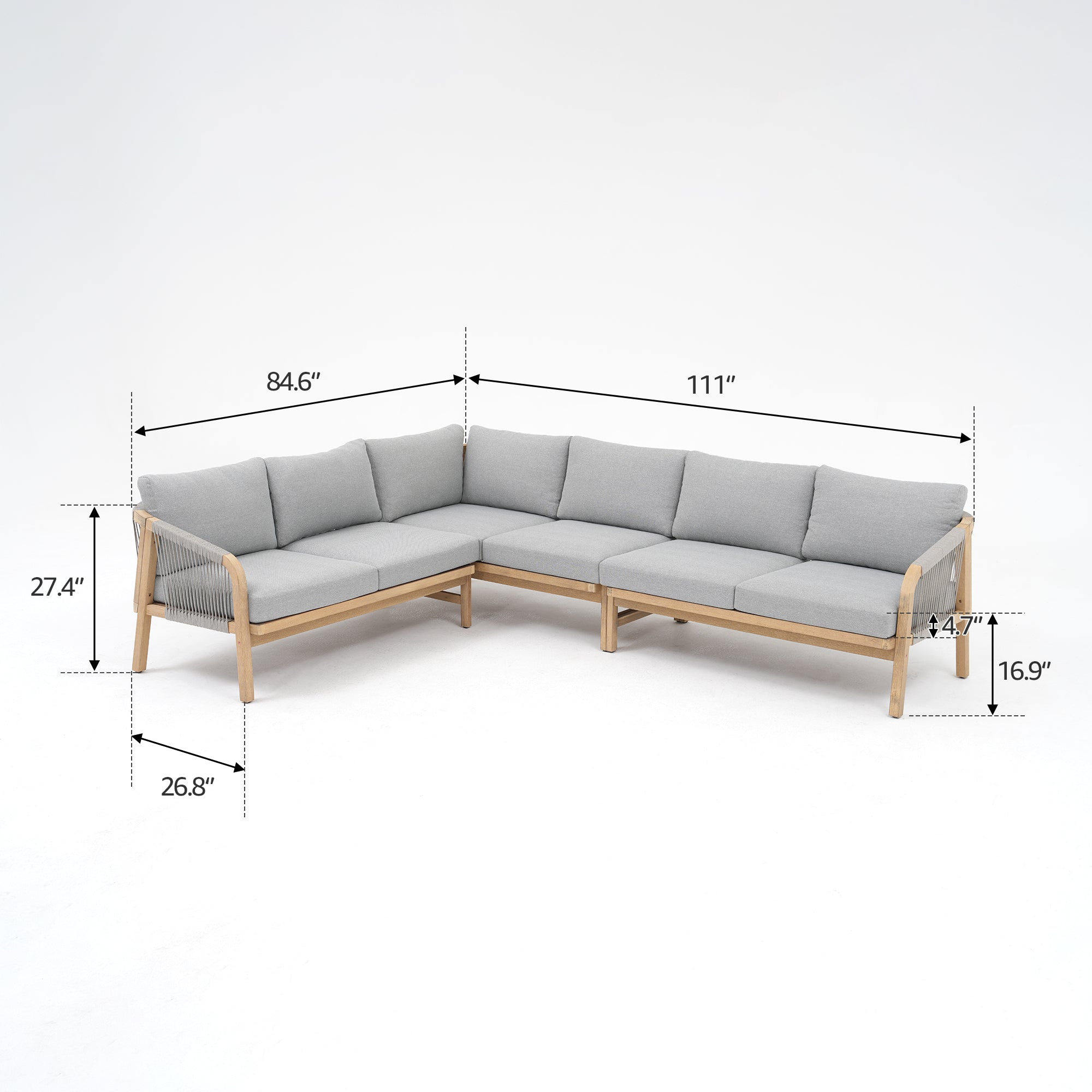 Thalea Textured Wooden and Rope L-shaped Sectional Sofa Set with Fire Pit