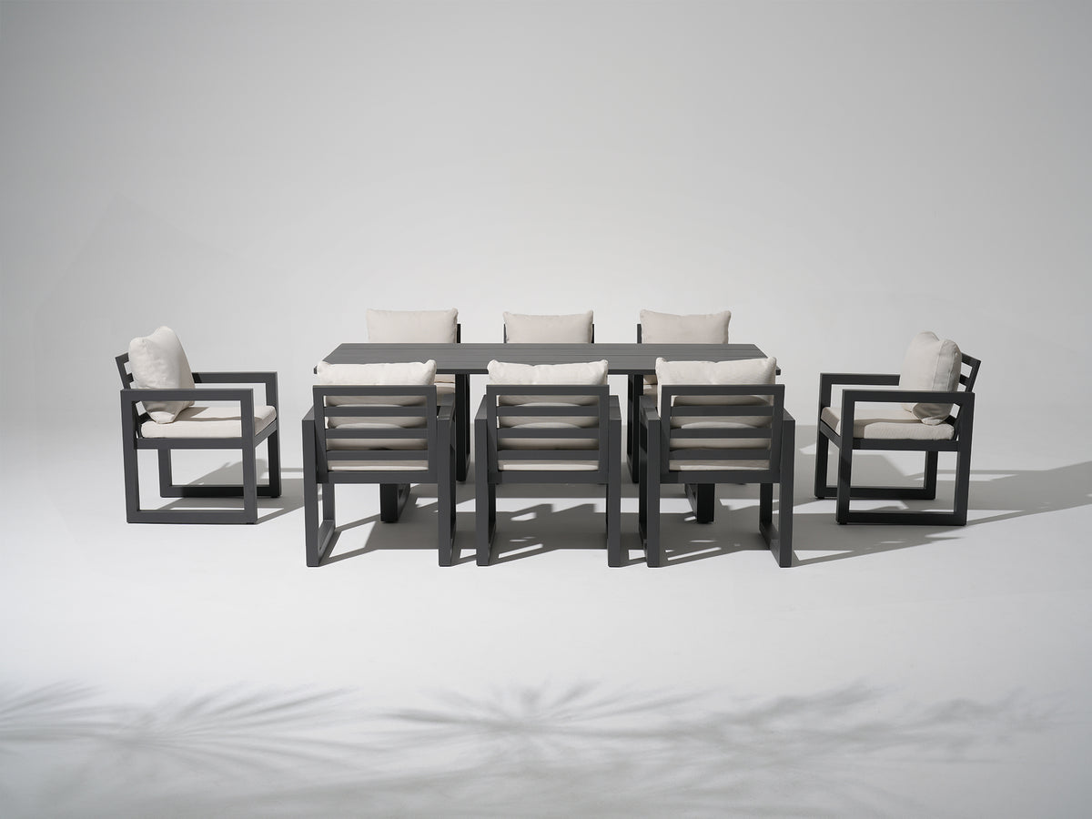Vela Aluminum 6-8 Seats Outdoor Dining Set, Charcoal Frame & Olefin Cushions, 82.7"