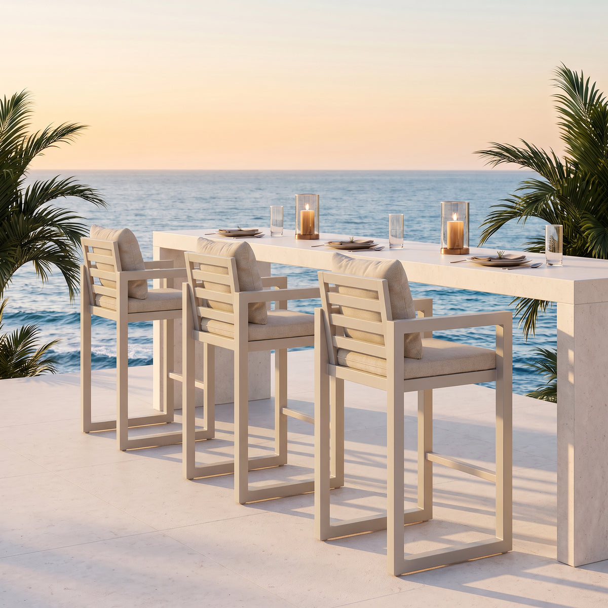 Vela Outdoor Bar-Height Aluminum Stool, Oyster White, 43.3" Set of 2/4/6