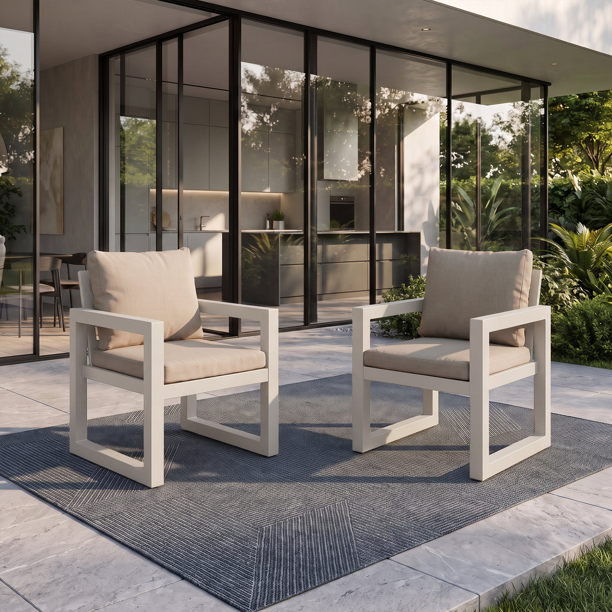 Vela Aluminum Outdoor Dining Chair, Slatted Back & Olefin Cushions, Light Beige, 18.1" Seat Height, Set of 2/4/6