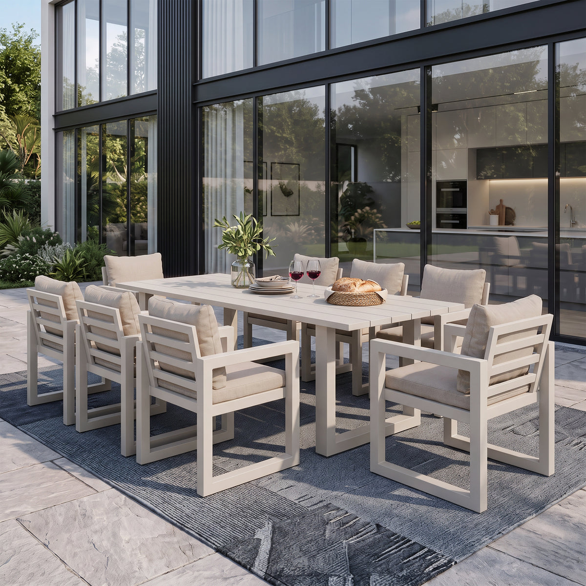 Vela Aluminum Outdoor Dining Table, Rectangular Slatted Top, Light Beige, Seats 6–8, 82.7"