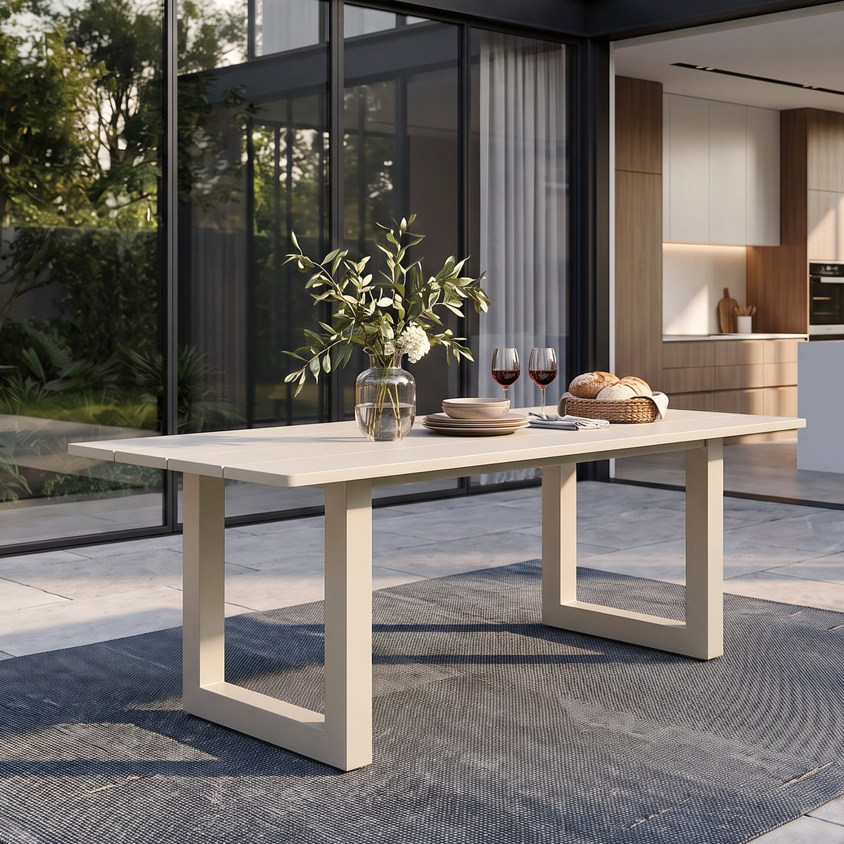 Vela Aluminum Outdoor Dining Table, Rectangular Slatted Top, Light Beige, Seats 6–8, 82.7"