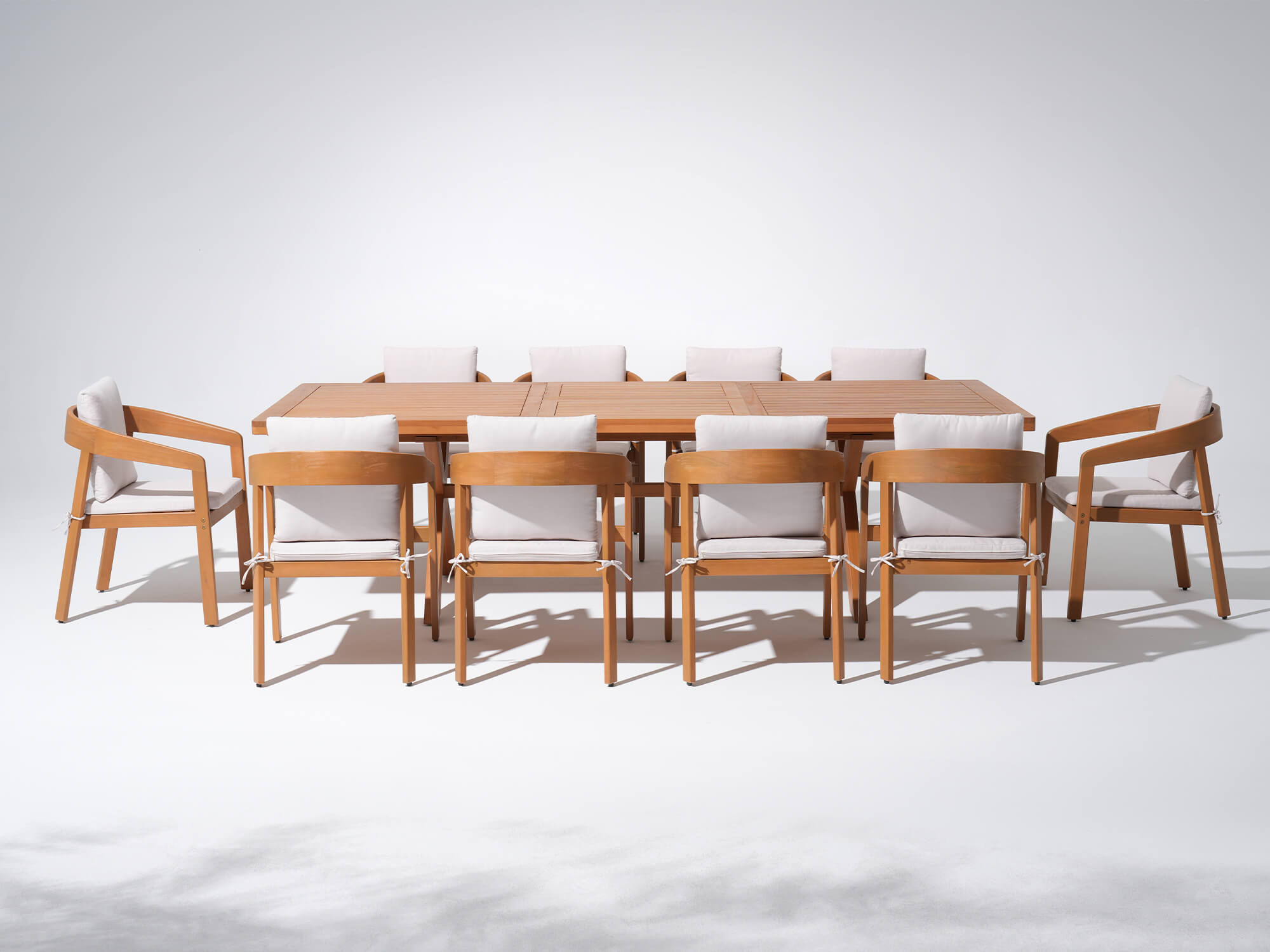 11pcs Eucalyptus Wooden dining table and chairs with white cushions - Jardina’s Modern Premium Outdoor Furniture