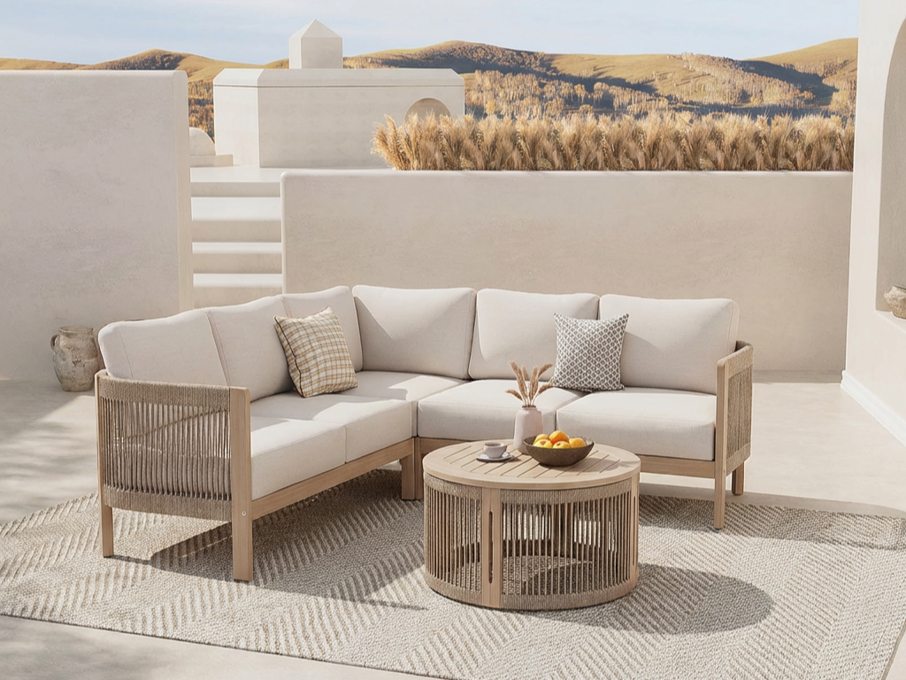 acacia wood Outdoor patio lounge set with sectional sofa and round coffee table - Jardina Modern Premium Outdoor Patio Furniture Sets