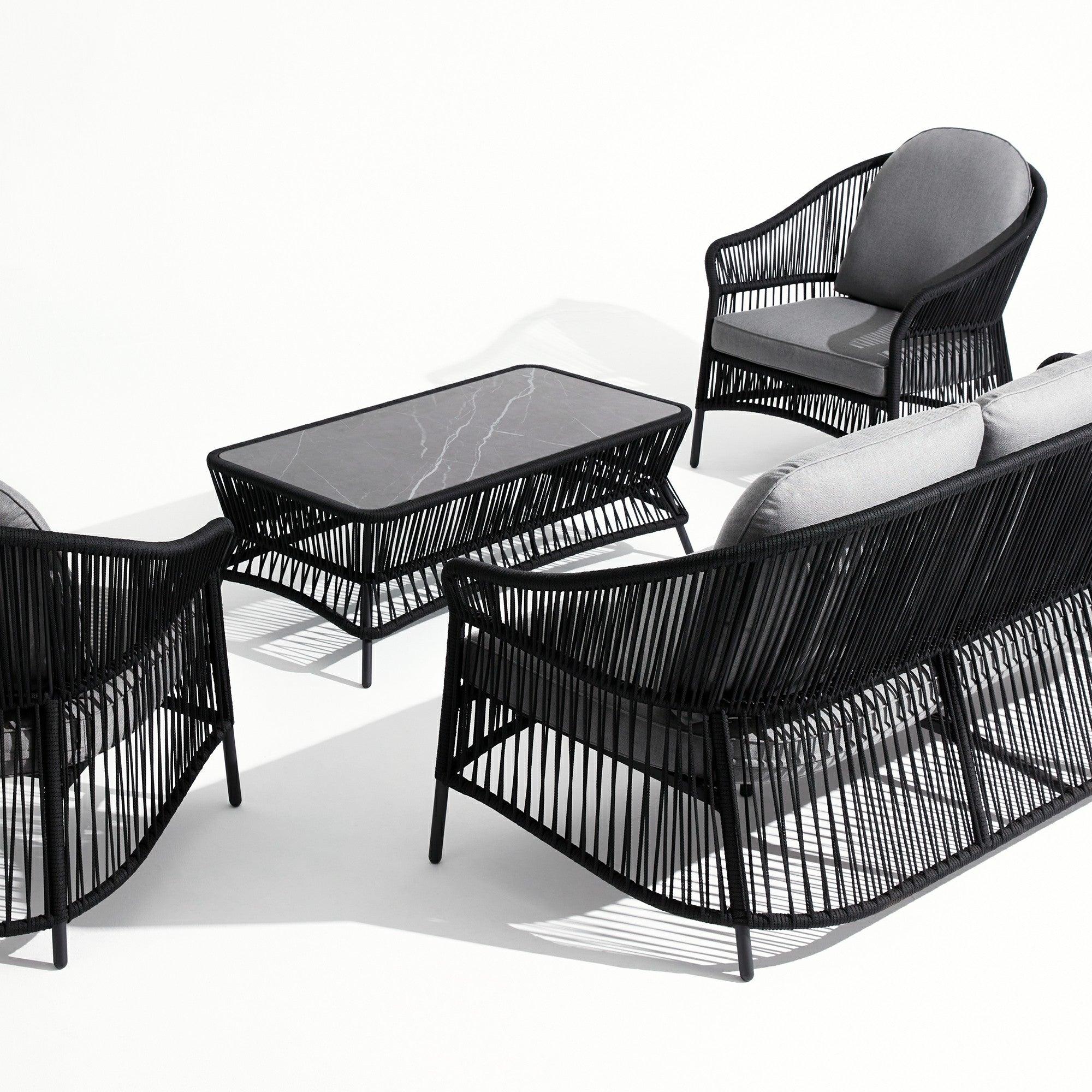 Wonder - Sofa Set,1 3-seater sofa, 2 lounge chairs,1 coffee table,black rope design, grey & Soft cushion,aluminum frame,white background, back view-Sunsitt Signature