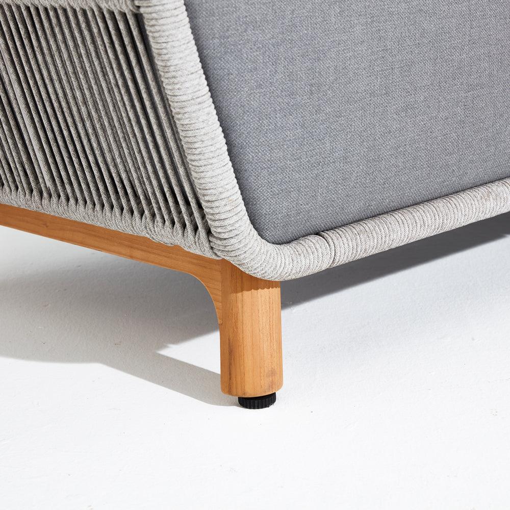 Natural Plena- Lounge Chair,10'' thick cushion, grey rope,teak leg, aluminum frame, classic and European design,leg detailed shoot view - Sunsitt Signature