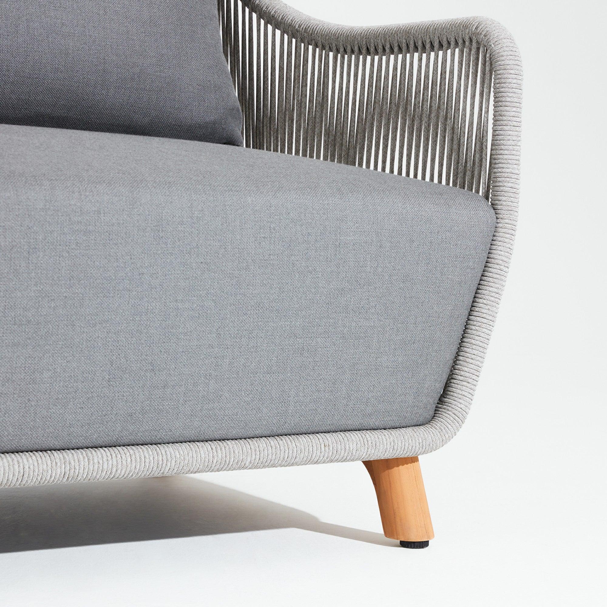 Gray sofa with teak wooden legs and hand woven rope design- Jardina
