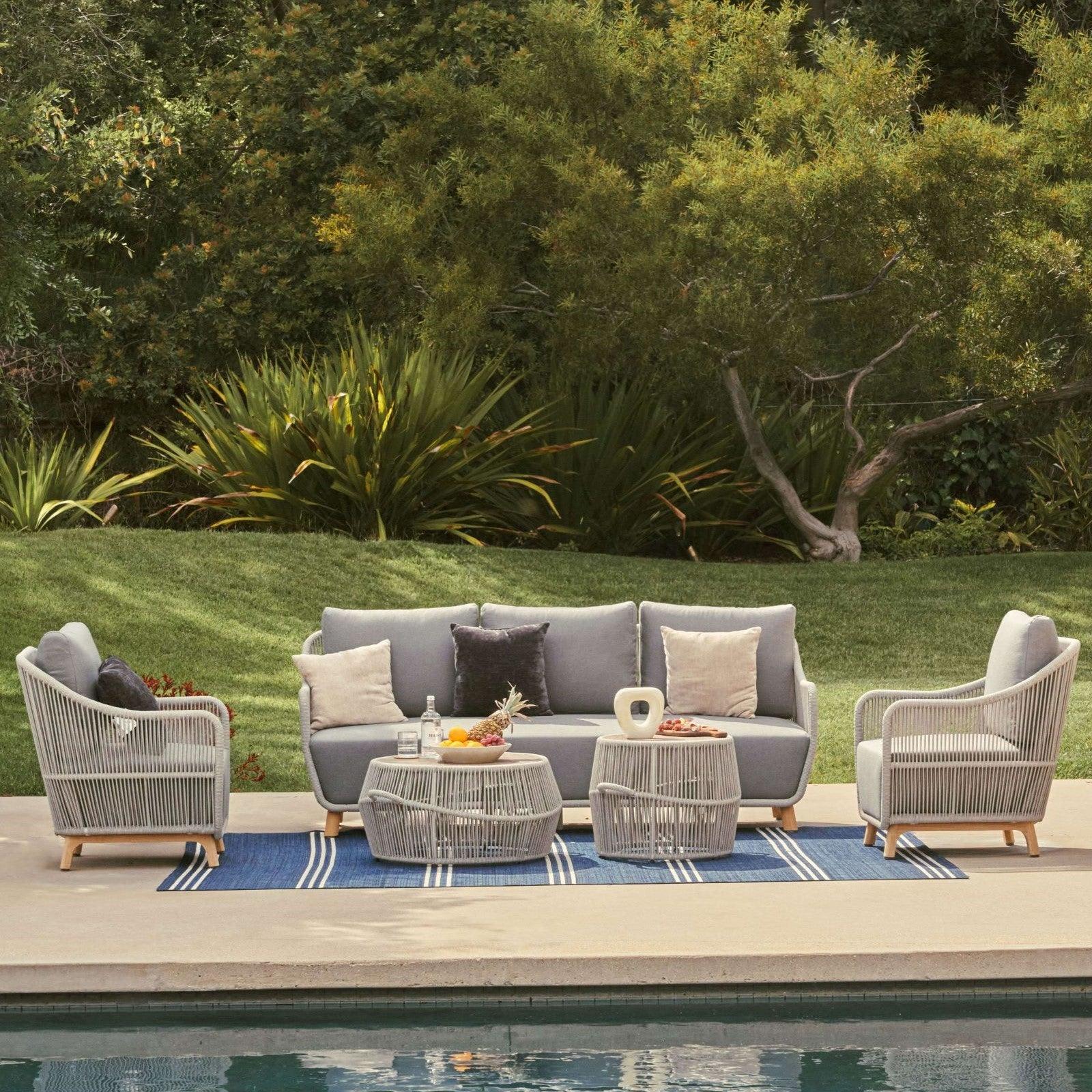 5-piece Sofa Set, two tables with ceramic tempered glass, a 3-seater sofa, 2 single lounge chairs, teak leg, aluminum frame, grey cushions,grey rope, in the garden,beside the pool- Jardina