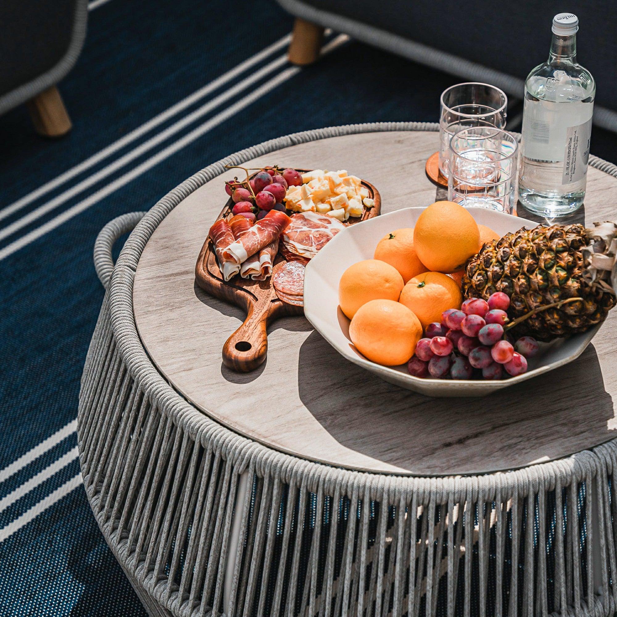 Side table, aluminum frame,grey finish, ceramic glass tabletop water,cheese,fruit,meat- Jardina