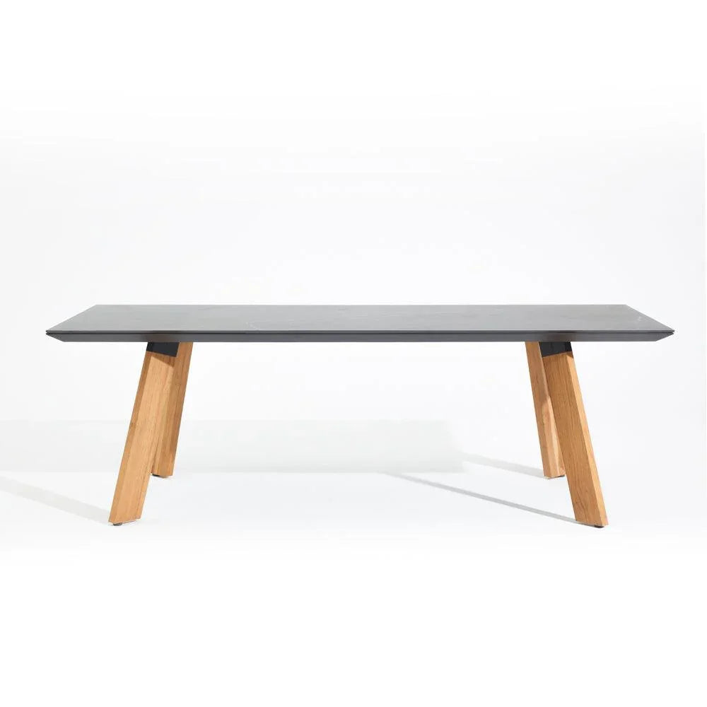 Natural Collection-Anacapa Dining table, teak wood legs, sintered stone tabletop, aluminum frame, front angle-Sunsitt Signature
