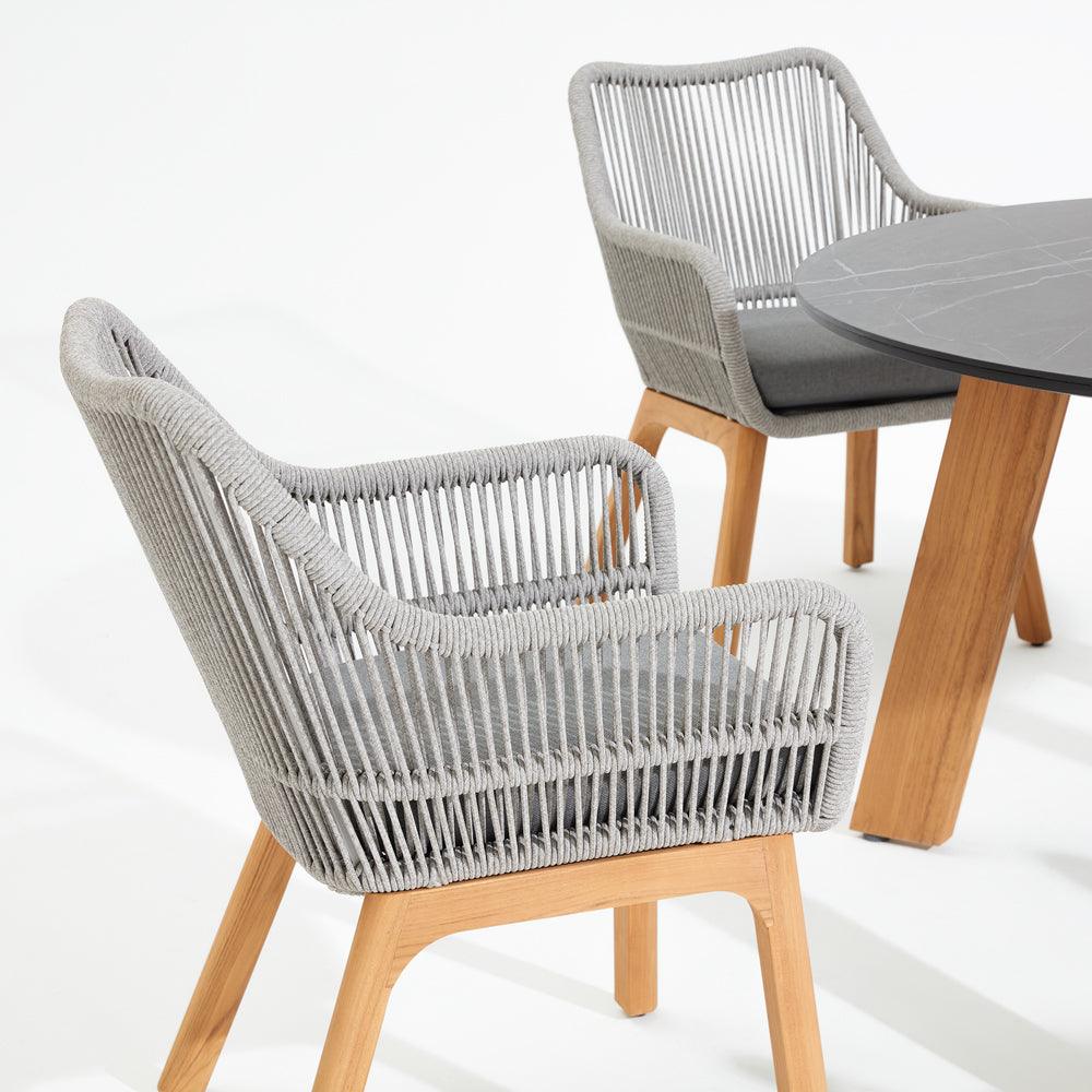 Natural Collection - Coronado Dining Arm Chairs, smooth armrest, classic design, grey rope accent, plush grey cushion, teak legs, round dining table with sintered stone tabletop-Sunsitt Signature