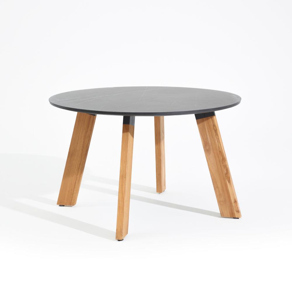Natural Collection-Anacapa Dining table, teak wood legs, sintered stone tabletop, aluminum frame, front angle-Sunsitt Signature