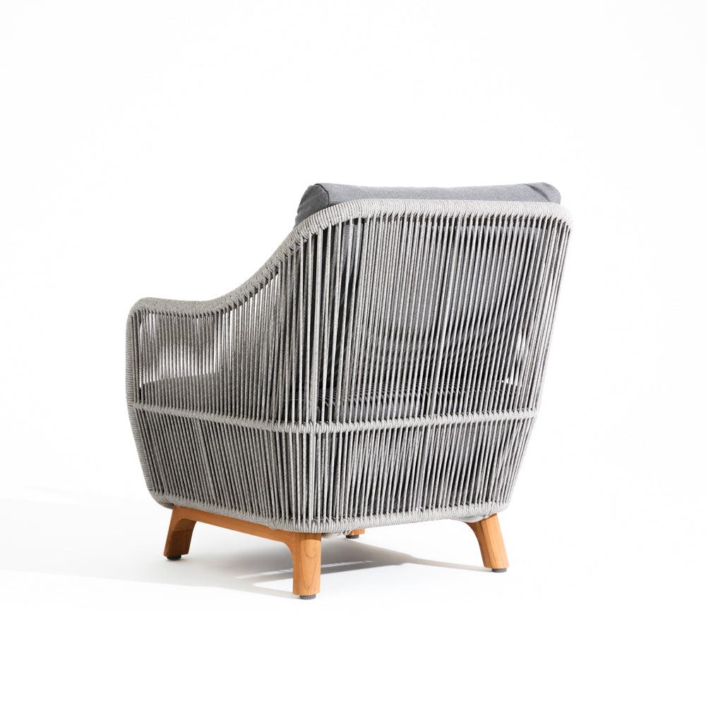 Natural Plena - Firefall Lounge Chair,10‘’ thick cushion, grey rope,teak leg, aluminum frame, classic and European design,back view - Sunsitt Signature