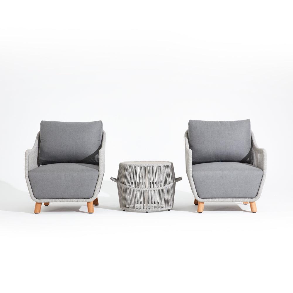 3-Piece outdoor bistro conversation set, grey Lounge chair set, 2 lounge chairs, 1 table, rope accent, grey cushion, teak leg - Jardina Premium Modern Outdoor Patio Furniture Set