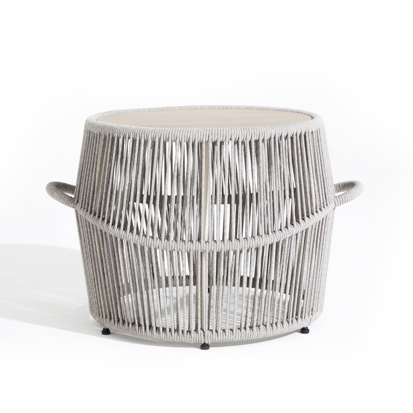 Natural - Table, classic and European design, round shape, grey rope, ceramic glass tabletop,Front View, White Background- Sunsitt Signature