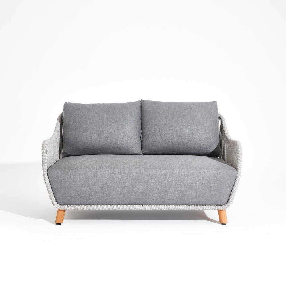 Marine Layer Outdoor Loveseat, 10‘’ thick cushion, grey rope,teak leg, aluminum frame, classic and European design,front view- Jardina Premium Modern Outdoor Sofa