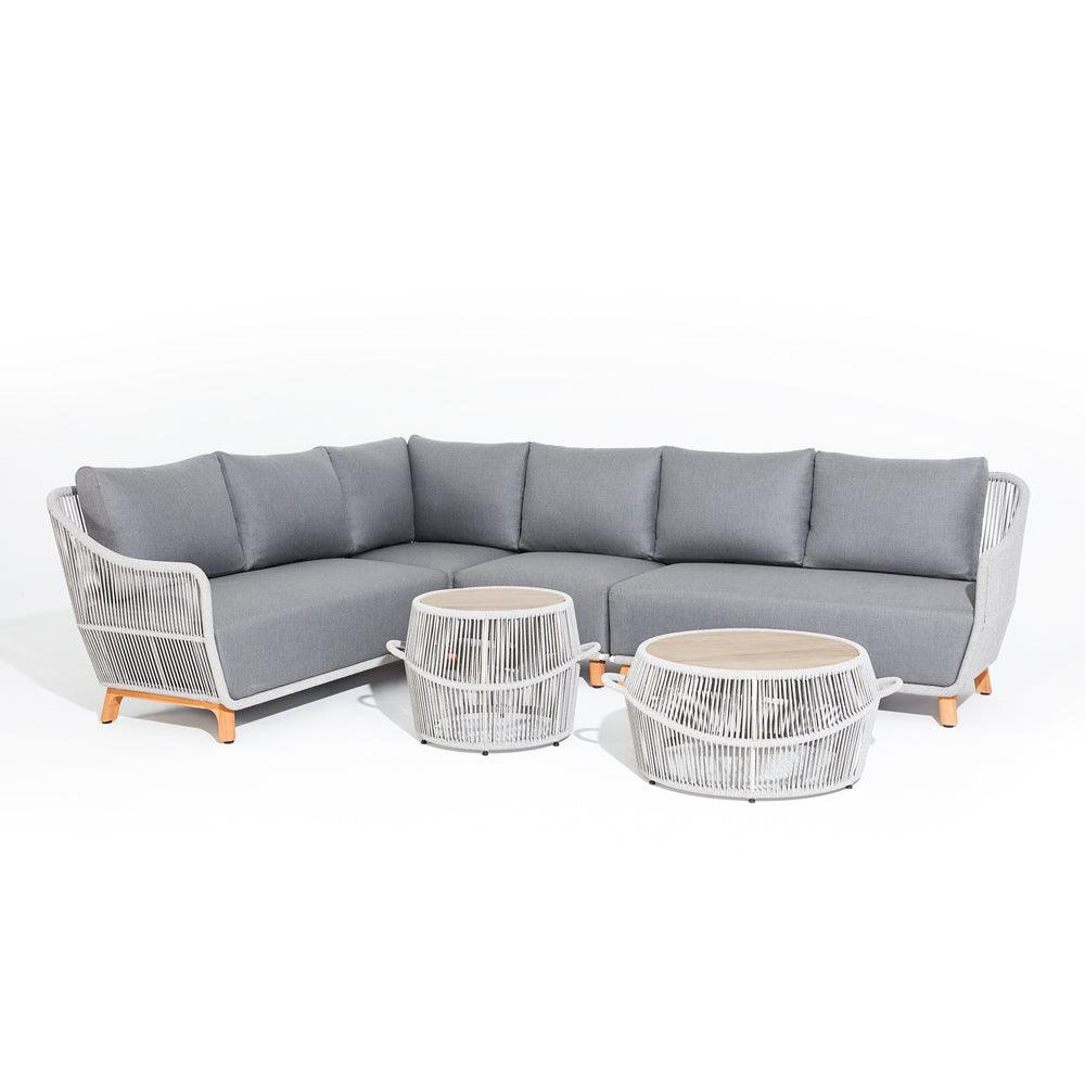Plena L-shaped conversation set, gray wicker and teak Patio Sectional Set, two tables, 2 sofas, 2 single sofa,teak leg, aluminum frame, grey cushions - Jardina Modern Outdoor Patio Furniture