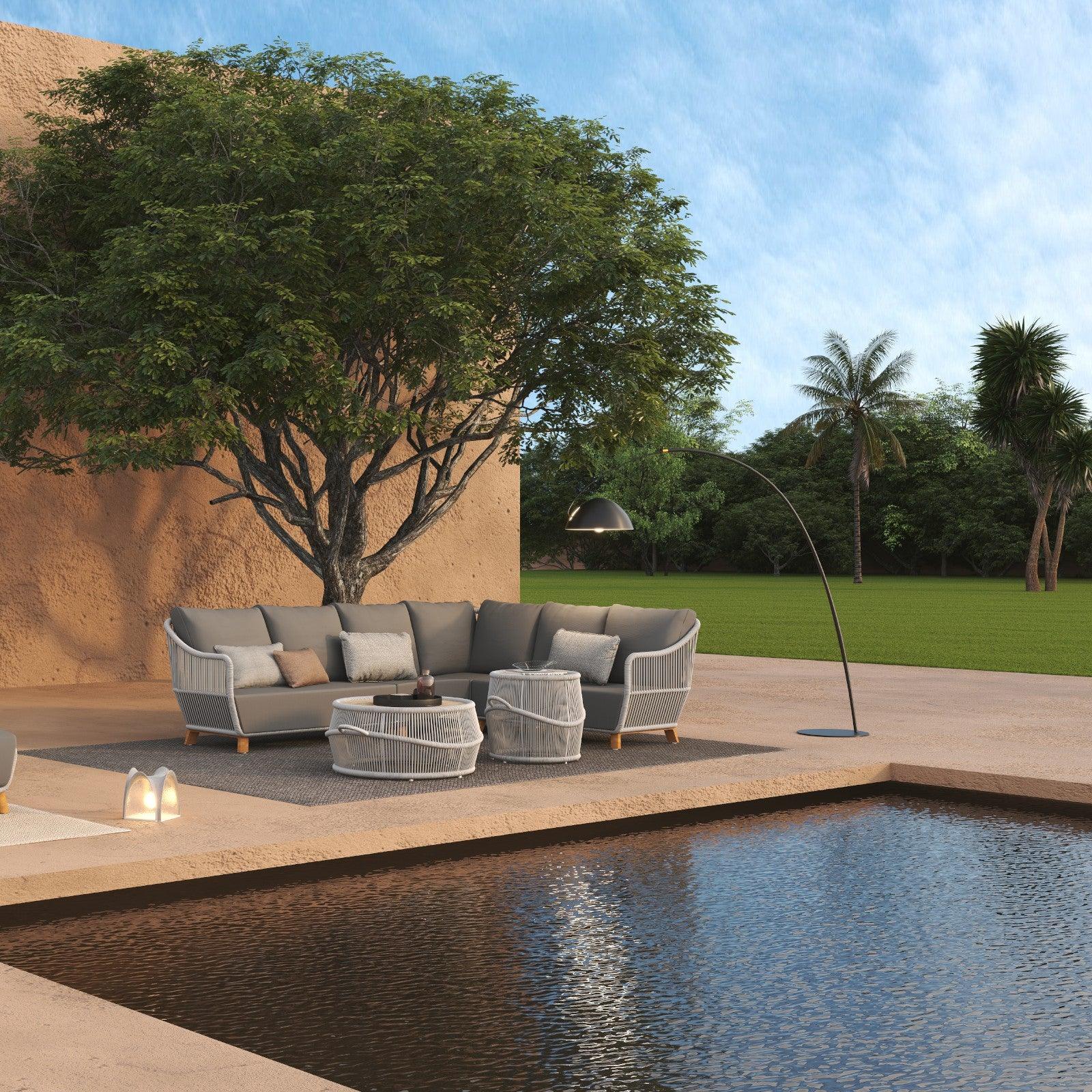Outdoor Sectional Set, two tables, 2 sofas, 2 single sofa,teak leg, aluminum frame, grey cushions, in the outdoor garden, beside a pool, under the big tree- Sunsitt Signature