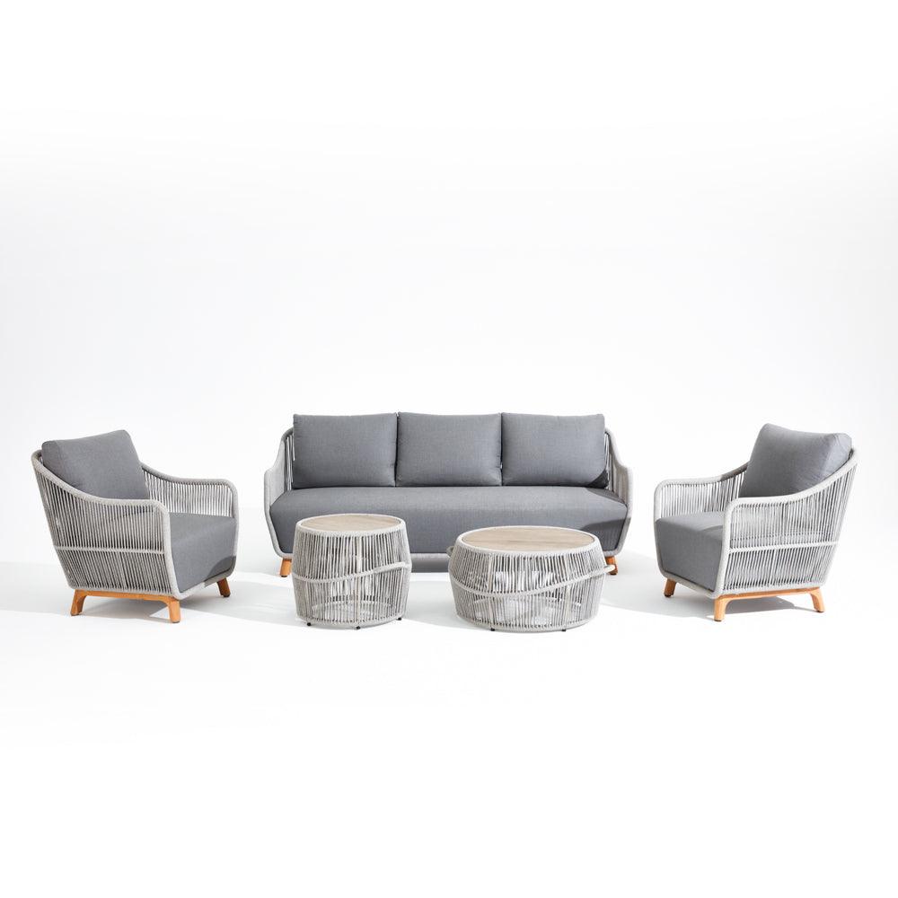 5-piece Patio Conversation Seating Set, two tables with ceramic tempered glass, 1 3-seater sofa, 2 single lounge chairs,teak leg, aluminum frame, grey cushions,grey rope- Jardina Luxury Modern Outdoor Furniture Set
