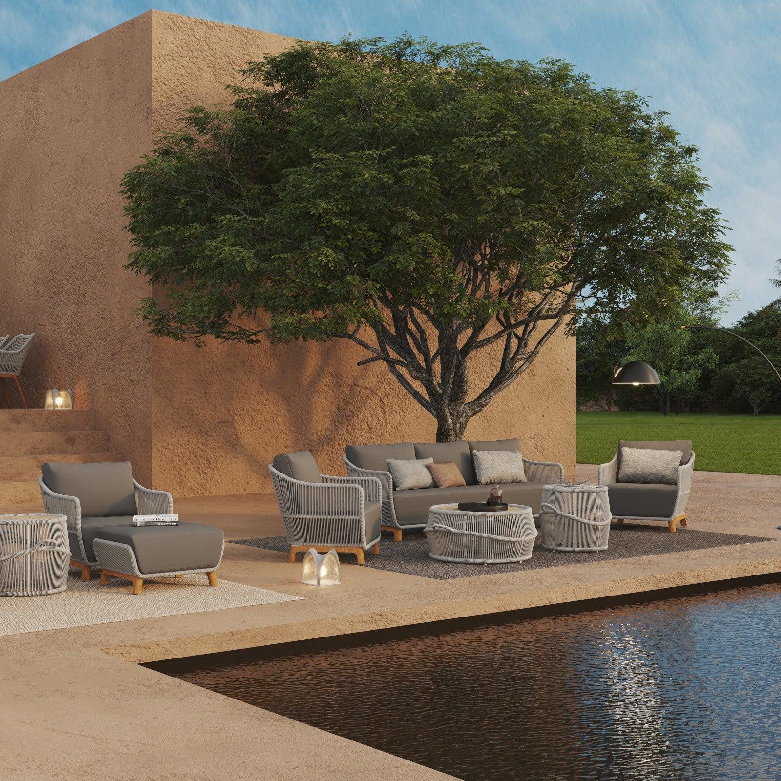 5-piece Sofa Set, two tables with ceramic tempered glass, 1 3-seater sofa, 2 single lounge chairs, teak frame, aluminum frame, grey cushions, grey rope, in the garden, under the big tree- Jardina