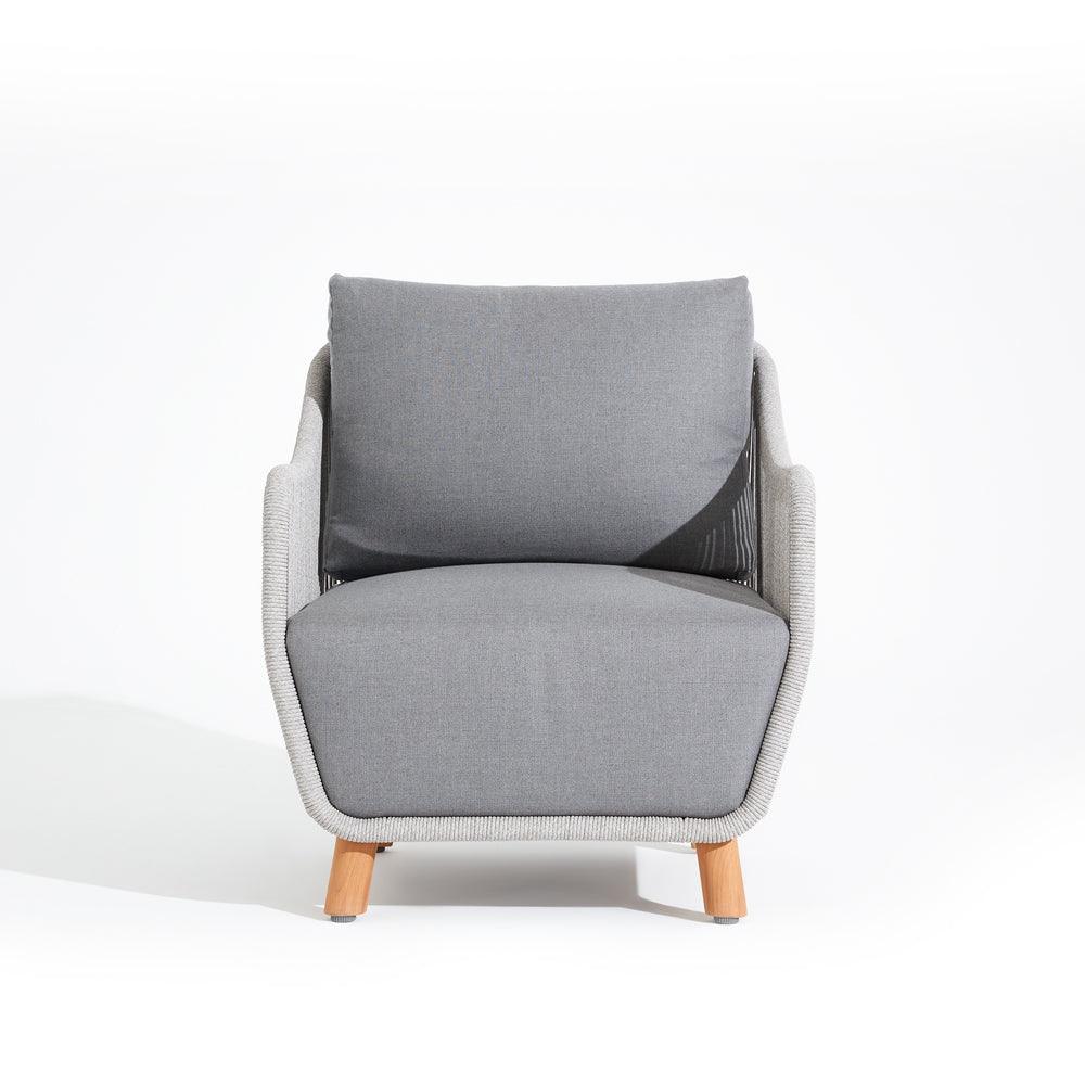 Single Sofa Chair with teak leg, aluminum frame, grey cushions, front view- Jardina