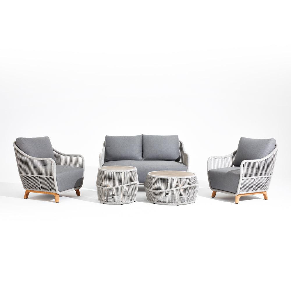 5-piece patio converstaion set, two tables with ceramic tempered glass, 1 loveseat, 2 single lounge chairs,teak leg, aluminum frame, grey cushions,grey rope, white background - Jardina Modern Outdoor Patio Furniture