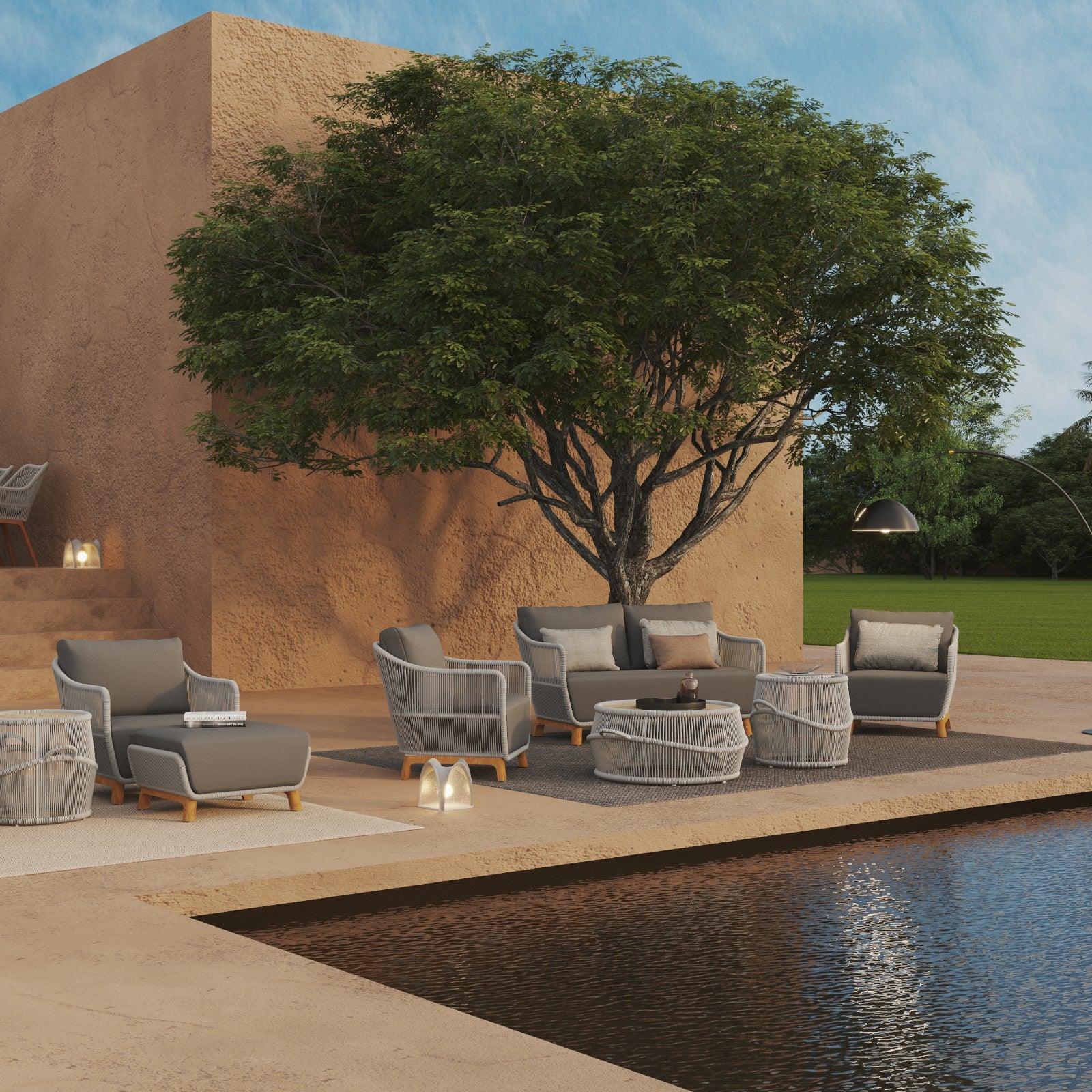 5-piece outdoor conversation Sofa Set, two tables with ceramic tempered glass, 1 loveseat, 2 single lounge chairs,teak leg, aluminum frame, grey cushions,grey rope, the set put in outdoor space, under the big tree, beside the pool- Jardina
