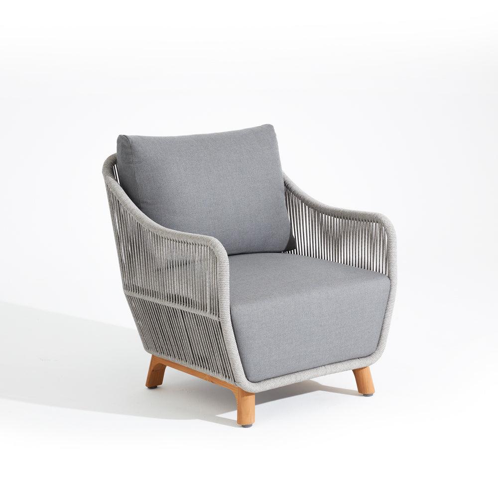 rope Lounge chair, right view, teak leg, aluminum frame, grey cushions- Jardina