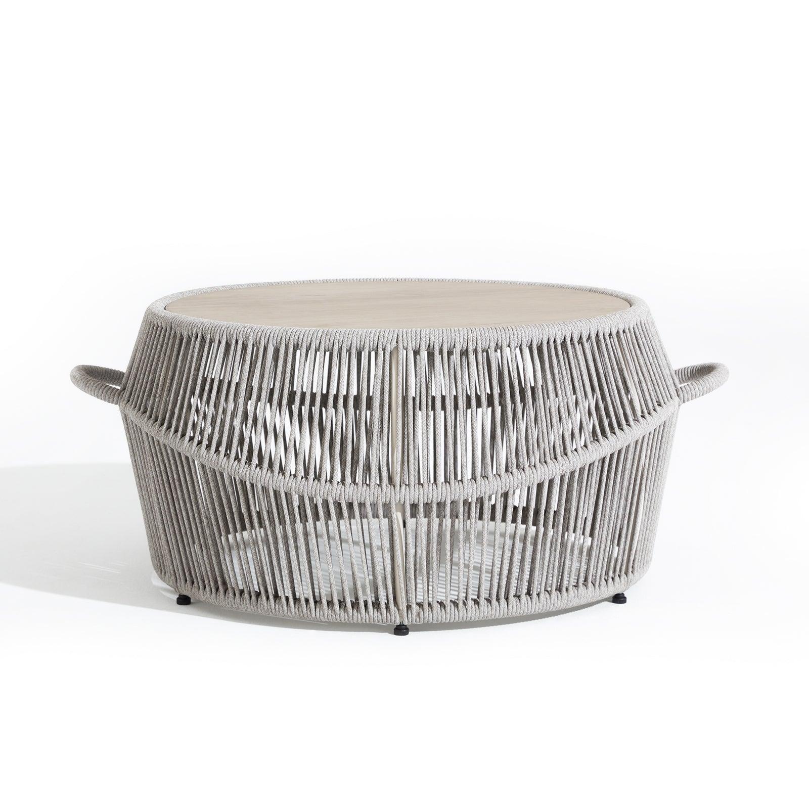 Round side table, grey rope design, ceramic glass tabletop,front view, white background-Jardina