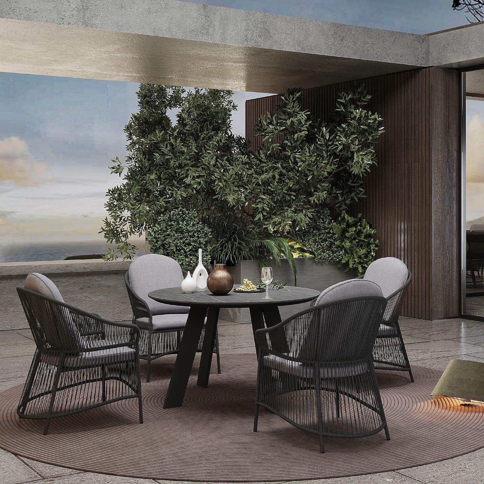 Wonder - Dining Set For 4 People, 4 dining chairs,black rope design, grey & Soft cushion,aluminum frame;1 round table, round dining table with sintered stone tabletop , on the deck- Sunsitt Signature