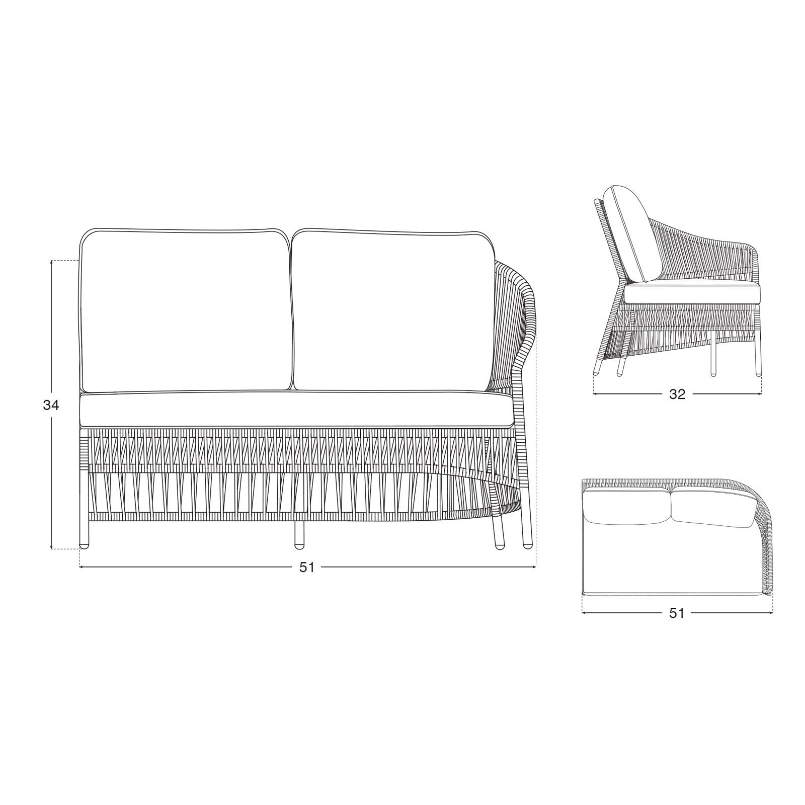 Wonder - left arm sofa,black rope design, grey & soft cushion,Dimension information-Sunsitt Signature