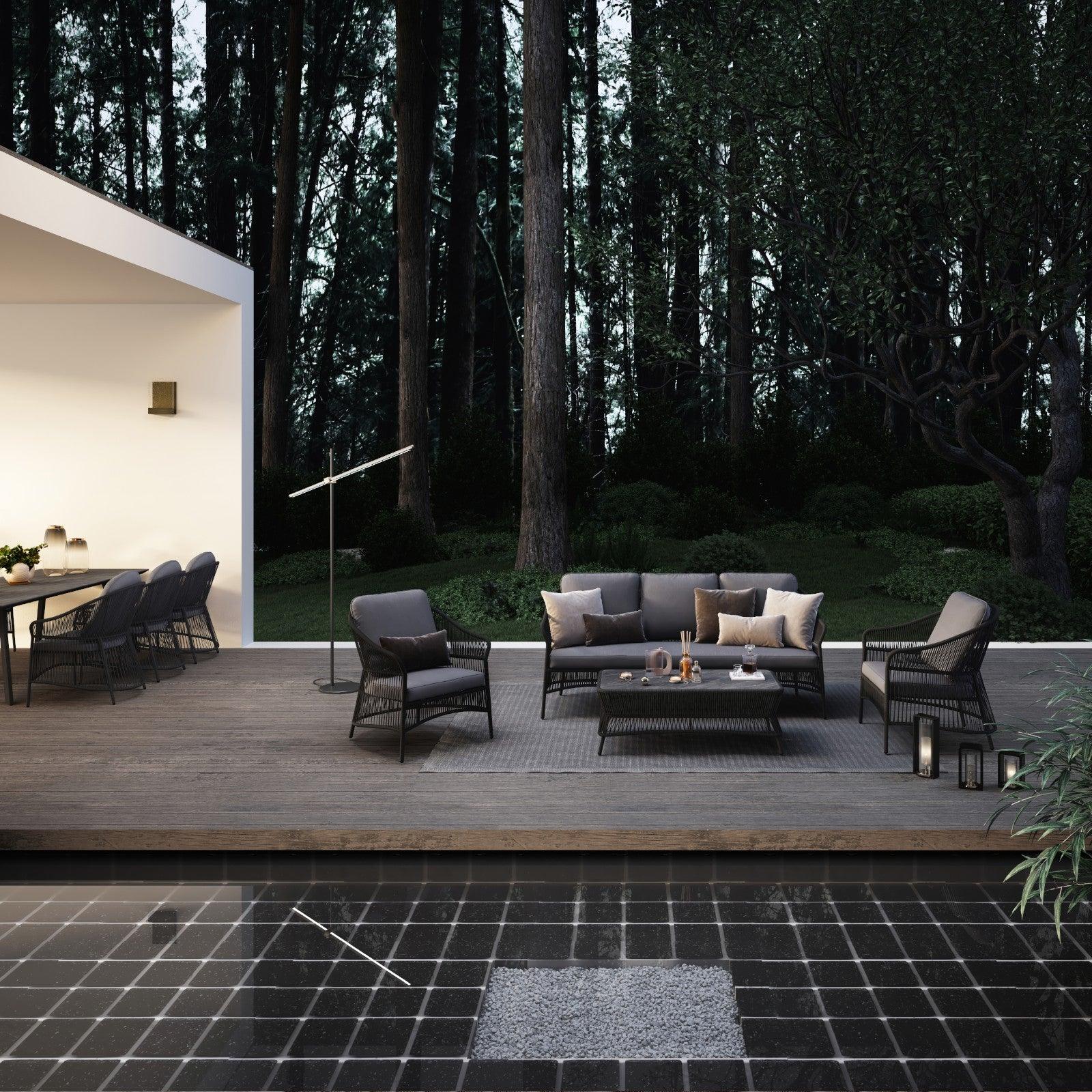 Wonder - Sofa Set,1 3-seater sofa, 2 lounge chairs,1 coffee table,black rope design, grey & Soft cushion,aluminum frame, on the garden, front view-Sunsitt Signature