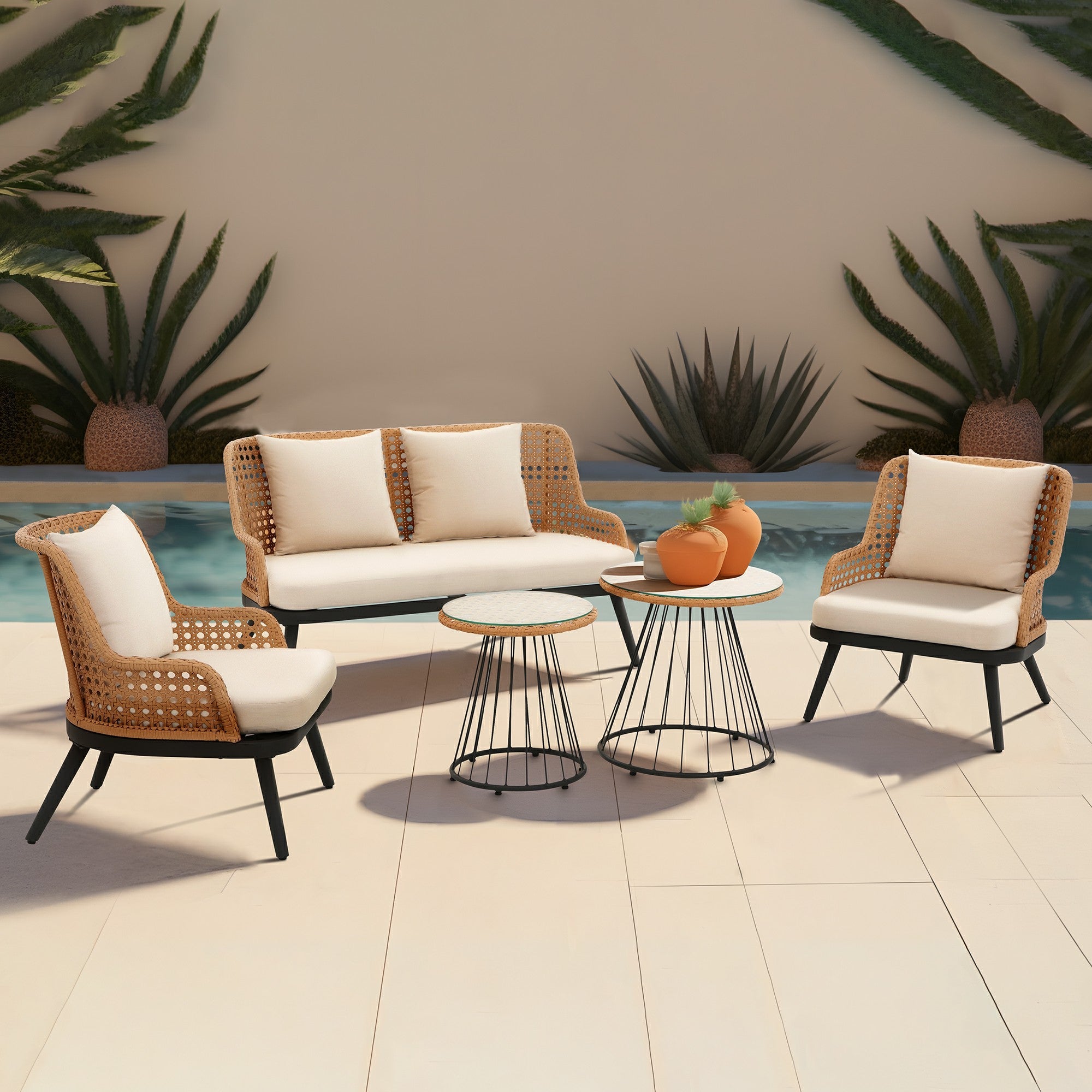 Menorca Collection Furniture, Metal Frame with Yellow Flat Rattan Design - Jardina European & Modern Outdoor Patio Furniture