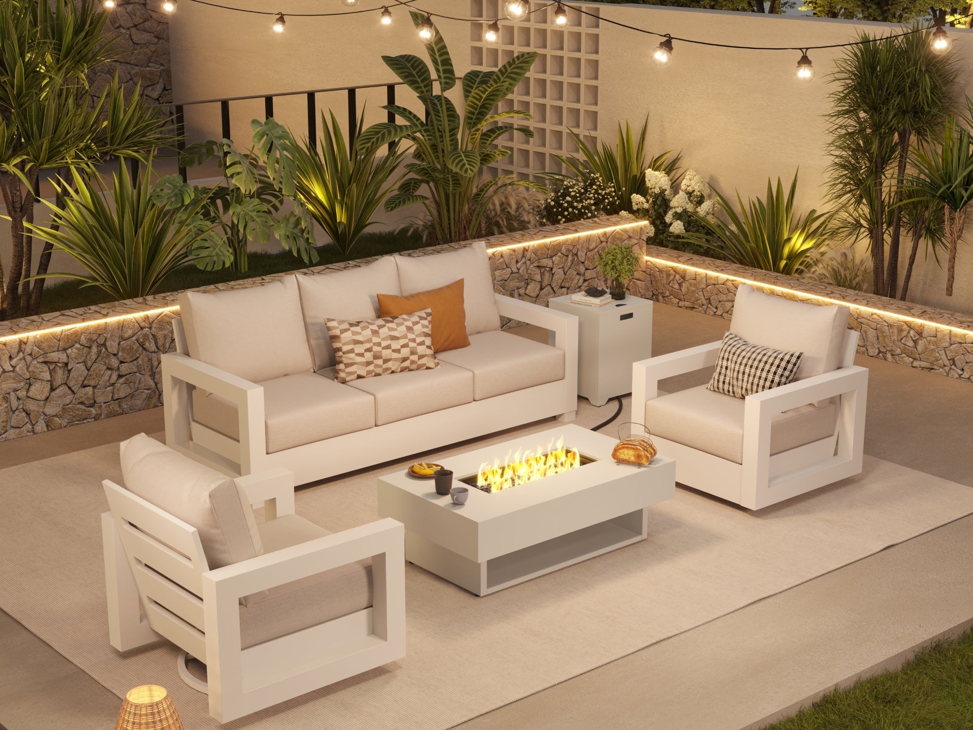 Modern Aluminum Patio Furniture Set with Fire Pit Table, Swivel Chairs, Linen Cushions