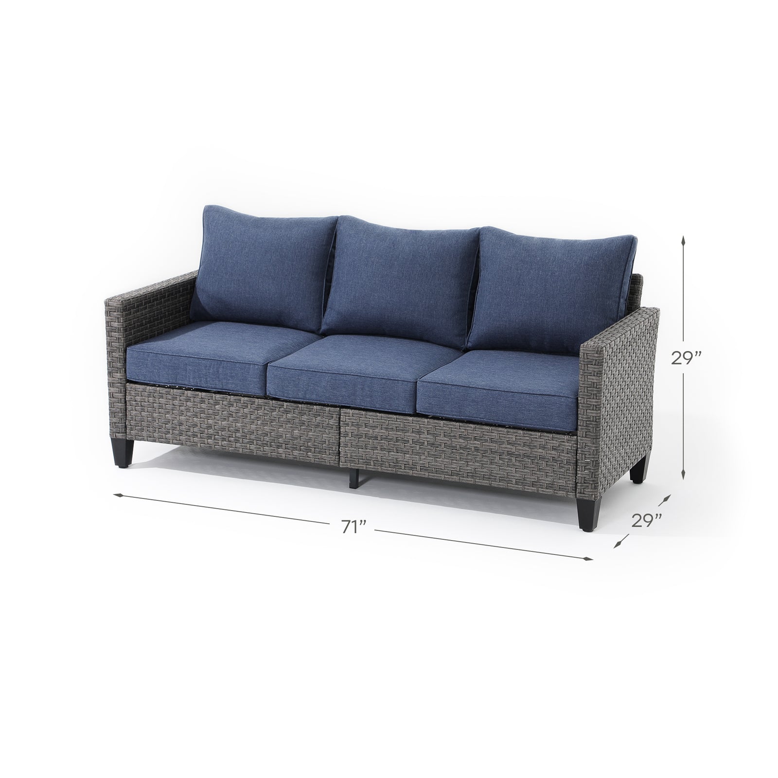Ayia sofa  with rattan design, blue cushions, dimension information - Jardina Furniture#color_Navy Blue